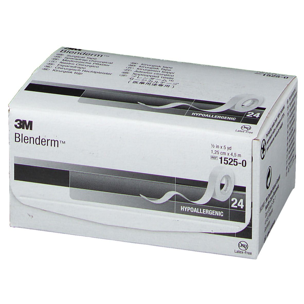 Doos met rol plakband. Opschrift: Blenderm, 3M, Hypoallergeen. Afmeting: 1,25 cm x 4,5 m. 24 rollen.