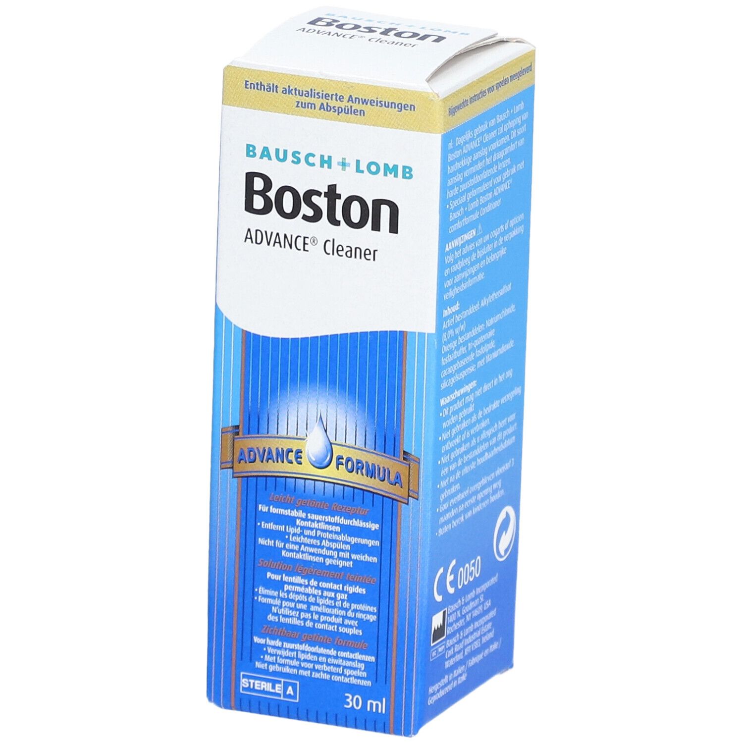Bausch + Lomb Boston ADVANCE® Cleaner. Witte en blauwe verpakking. Productnaam en logo duidelijk zichtbaar. 30 ml.