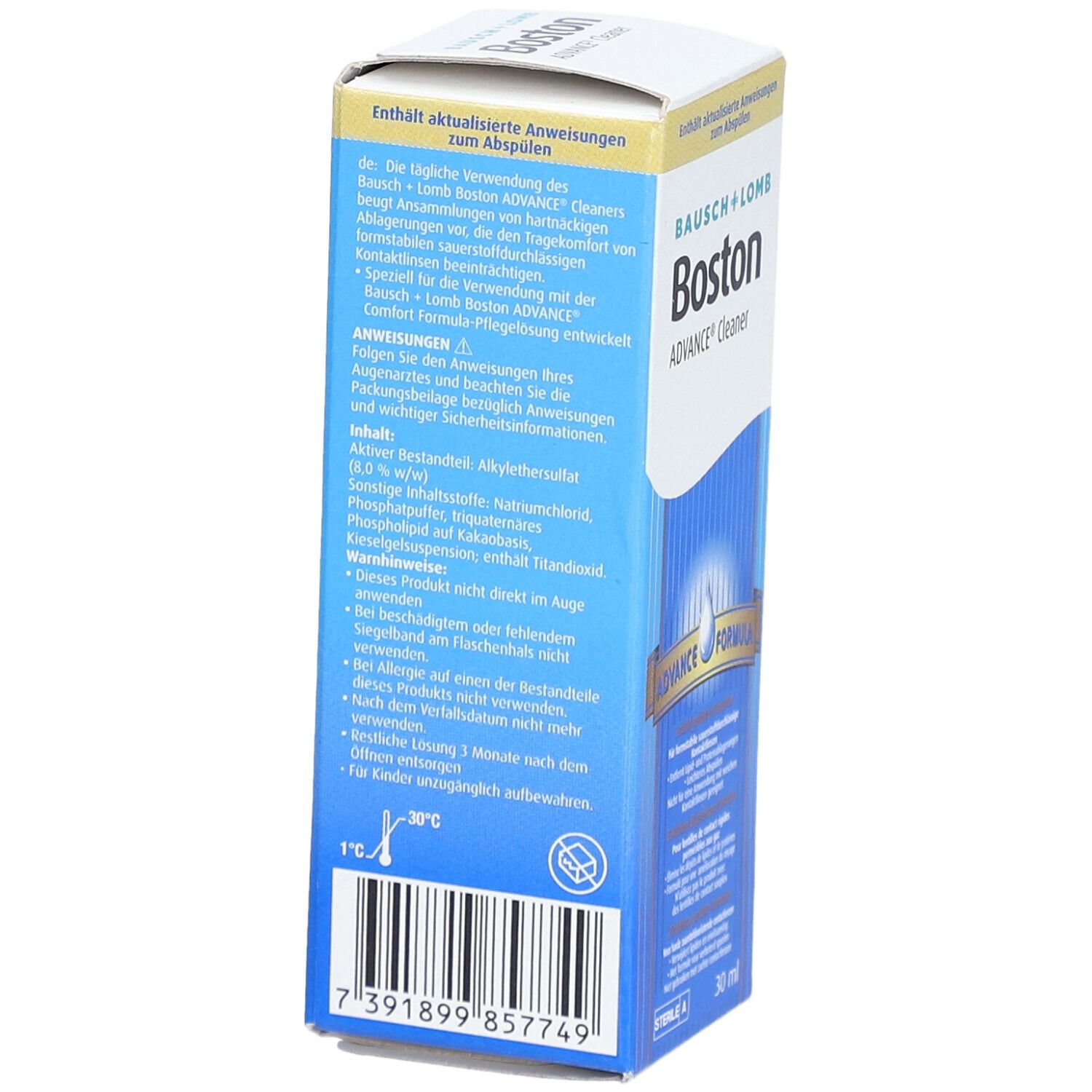 Achterkant van de Bausch + Lomb Boston ADVANCE® Cleaner verpakking. Tekstinformatie en ingrediënten. Barcode en logo.
