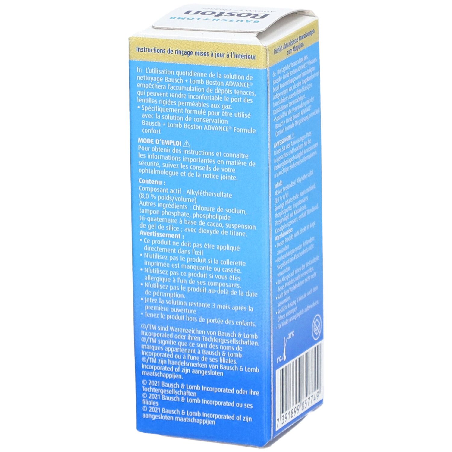Zijkant van de Bausch + Lomb Boston ADVANCE® Cleaner verpakking. Tekstinformatie in het Frans. Logo en barcode.