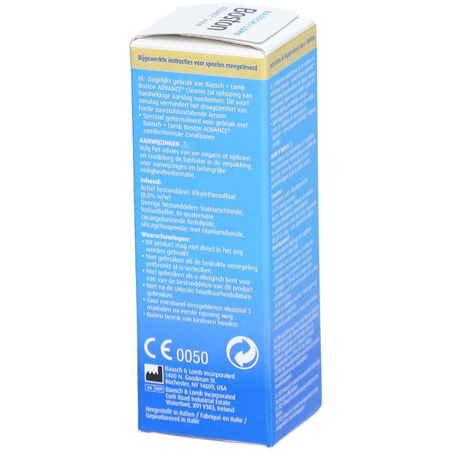 Zijkant van de Bausch + Lomb Boston ADVANCE® Cleaner verpakking. Tekstinformatie in het Nederlands. CE-markering.