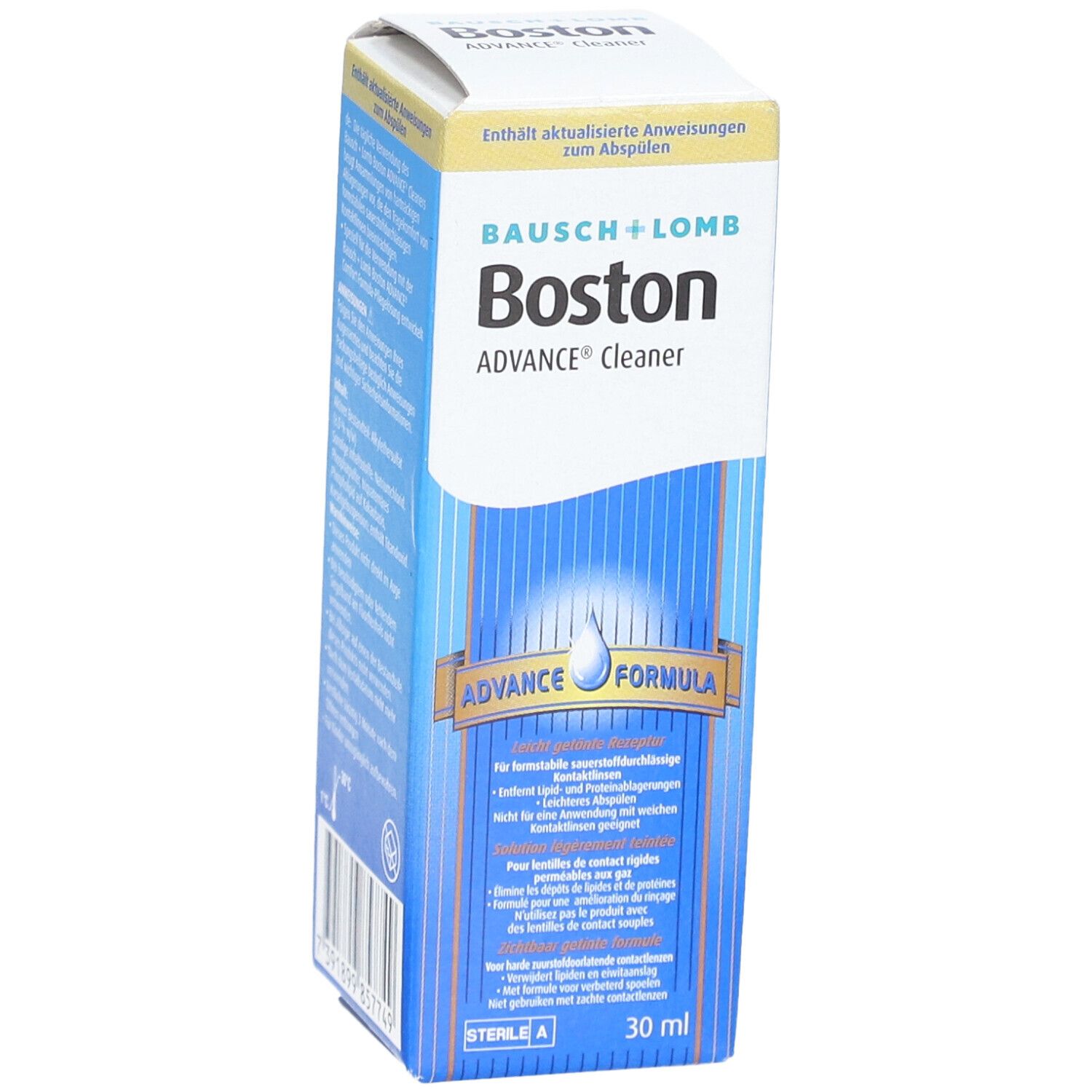 Bausch + Lomb Boston ADVANCE® Cleaner verpakking. Productnaam en logo. Blauwe en witte kleuren. 30 ml.