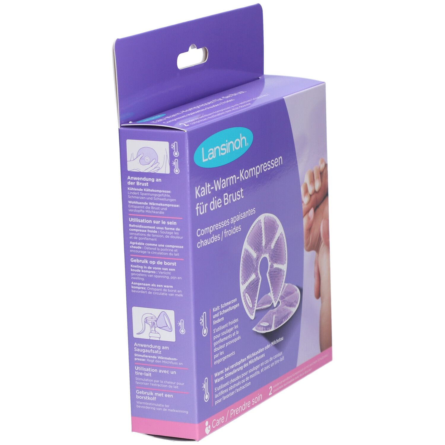 Boîte avec informations produit. Nom et description en allemand et français. Deux compresses pour la poitrine sont visibles.