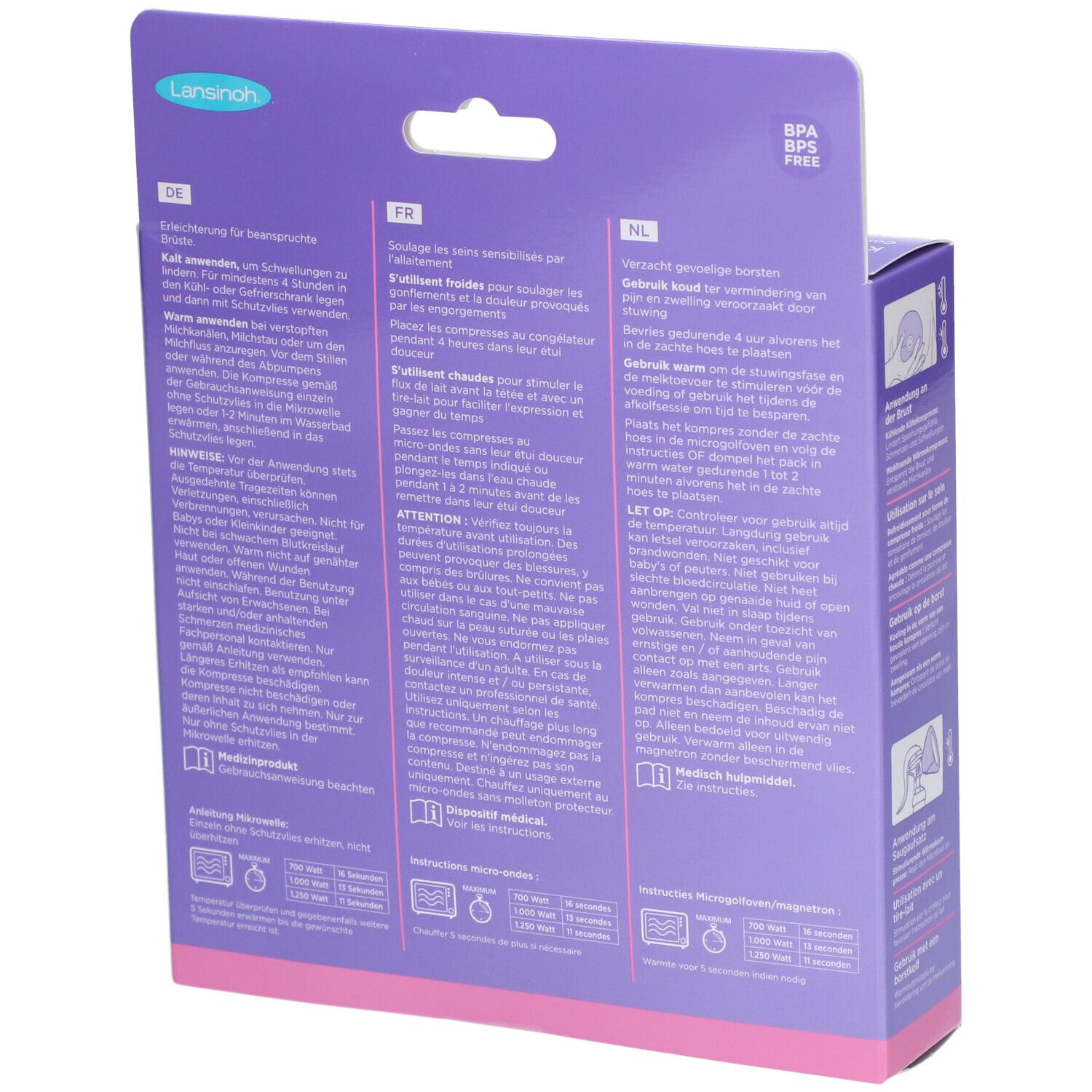 Dos de la boîte avec informations produit en allemand, français et néerlandais. Sans BPA.