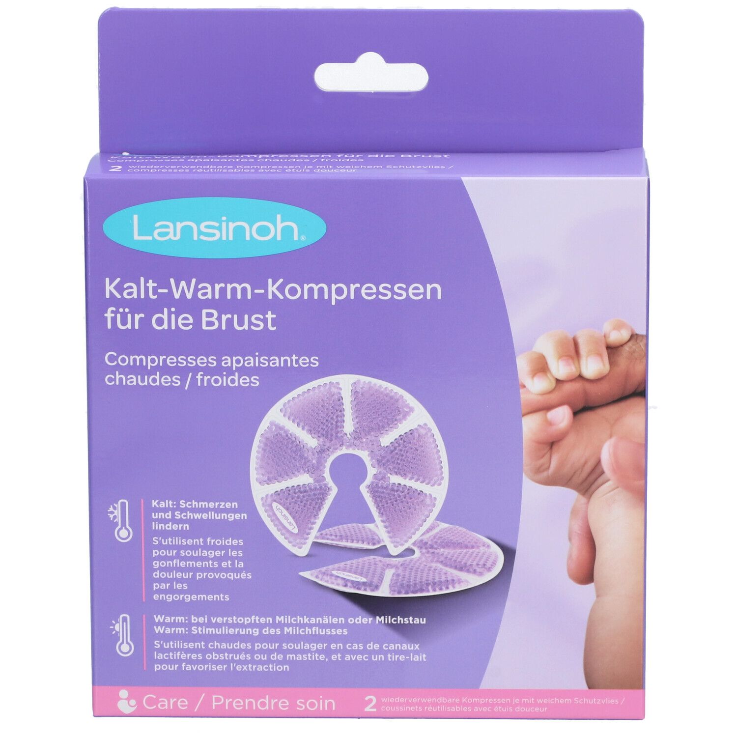 Boîte de compresses pour la poitrine. Nom du produit et description en allemand et français. Deux compresses sont visibles.