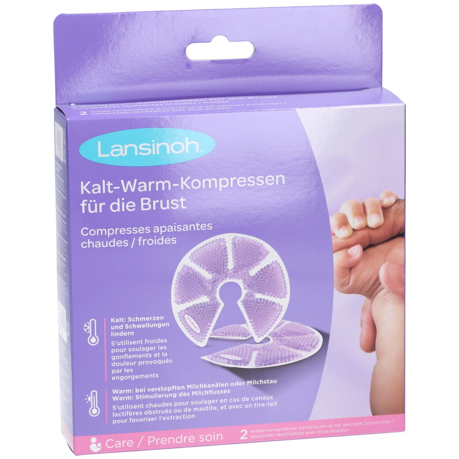 Boîte de compresses pour la poitrine. Nom du produit et description en allemand et français. Deux compresses sont visibles.