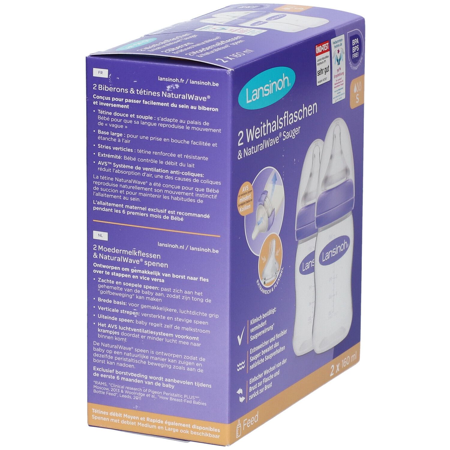 Verpakking met twee babyflessen met NaturalWave® spenen. Plastic flessen, paarse deksels. Meertalige tekst.