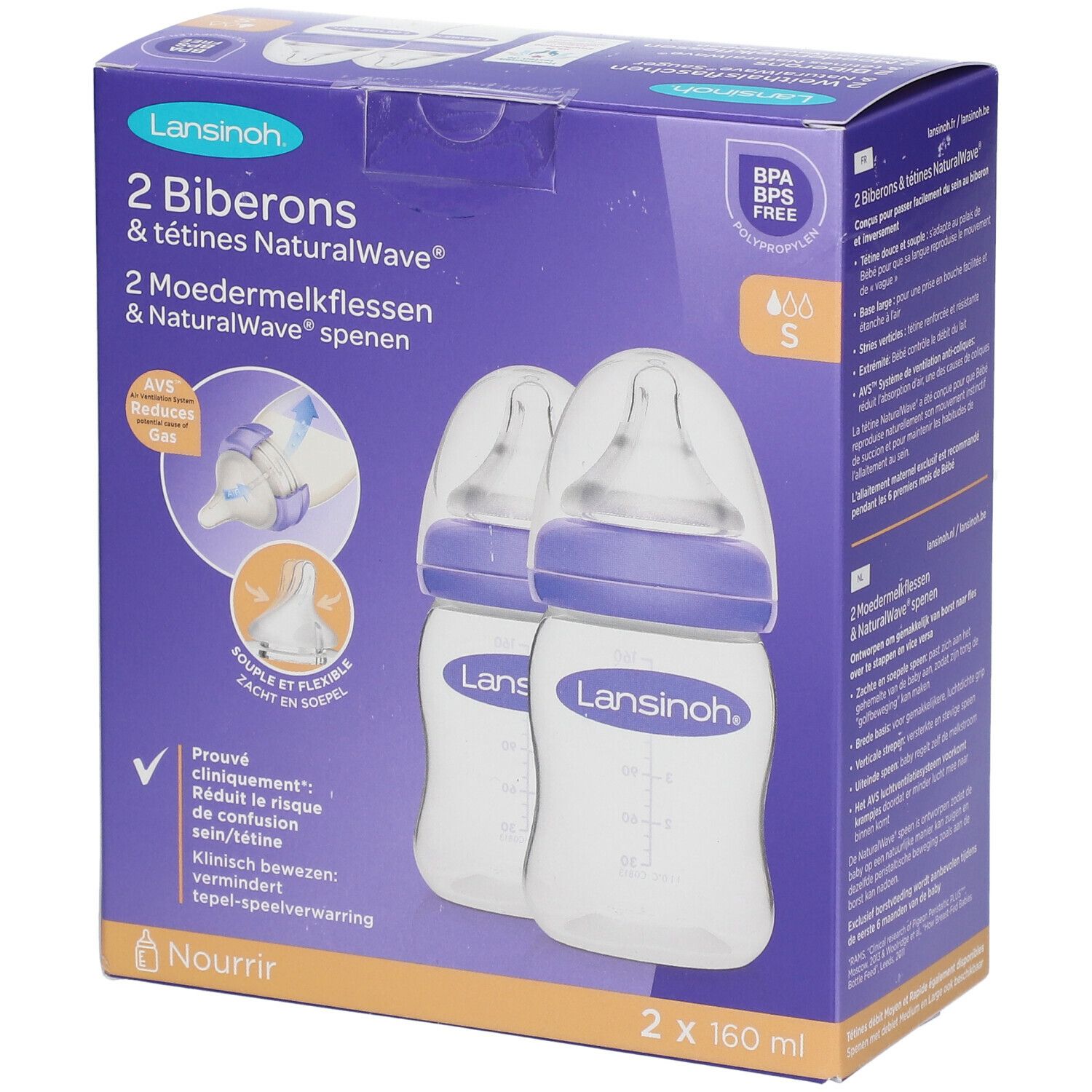 Verpakking met twee babyflessen met NaturalWave® spenen. Plastic flessen, paarse deksels. Meertalige tekst.