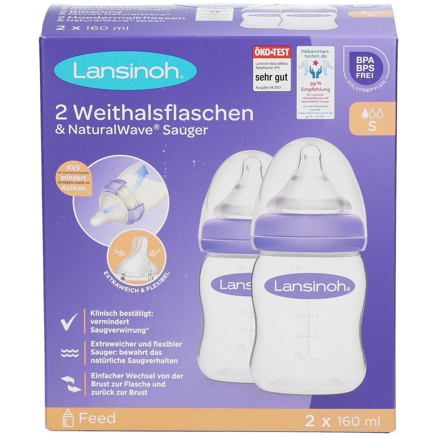 Verpakking met twee babyflessen met NaturalWave® spenen. Plastic flessen, paarse deksels. Oeko-Test keurmerk.