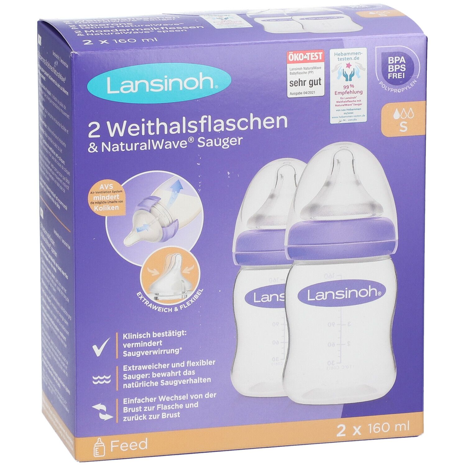 Verpakking met twee babyflessen met NaturalWave® spenen. Plastic flessen, paarse deksels. Oeko-Test keurmerk.