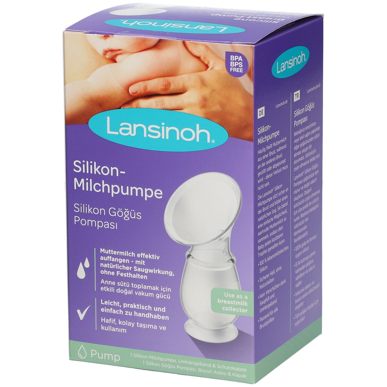 Verpakking van de Lansinoh® siliconen borstkolf. Tekst in het Duits en Turks. Productafbeelding.