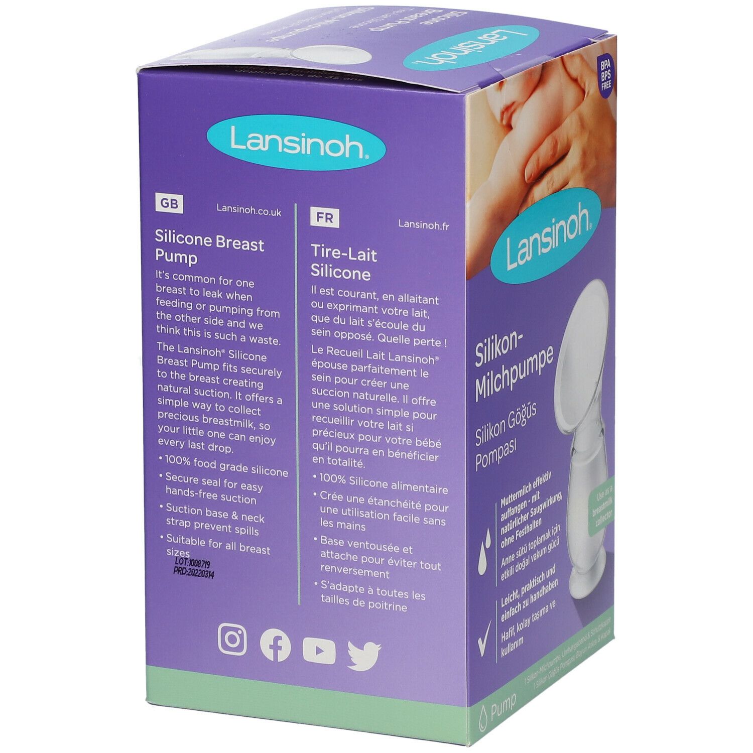 Achterkant van de verpakking van de Lansinoh® siliconen borstkolf. Tekst in het Engels en Frans. Productafbeelding.