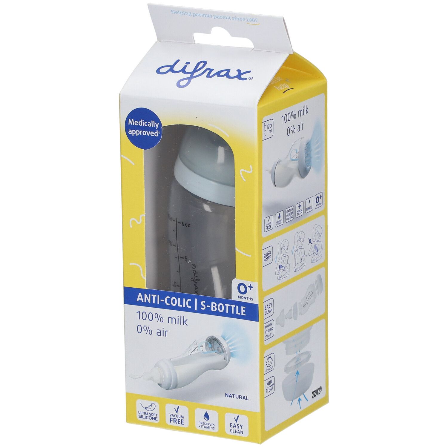 Verpackung mit Babyflasche. Aufschrift: Difrax, Anti-Colic S-Bottle, 100% Milch, 0% Luft. Mit Siegel "Medically approved".