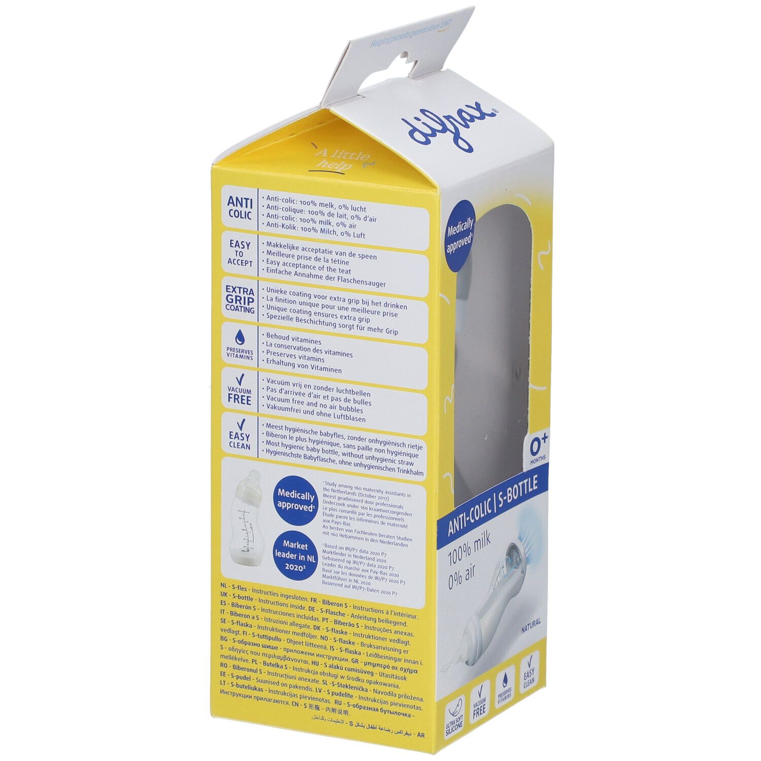 Rückseite der Verpackung mit Babyflasche. Text: Anti-Colic, Easy, Extra Grip. Siegel: Medically approved. Illustrationen.