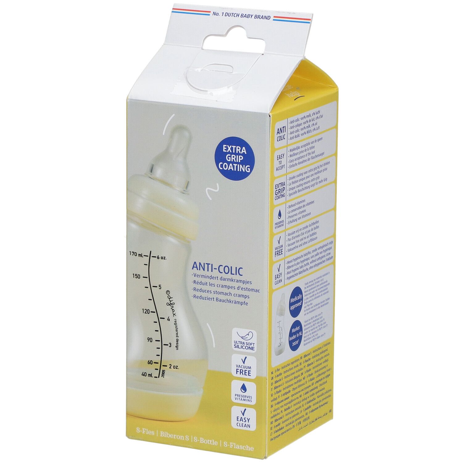 Babyflasche in Verpackung. Aufschrift: Anti-Colic. Skala. Extra Grip Coating. Siegel: Ultra Soft Silicone, Vitaminen Free, Easy Clean.