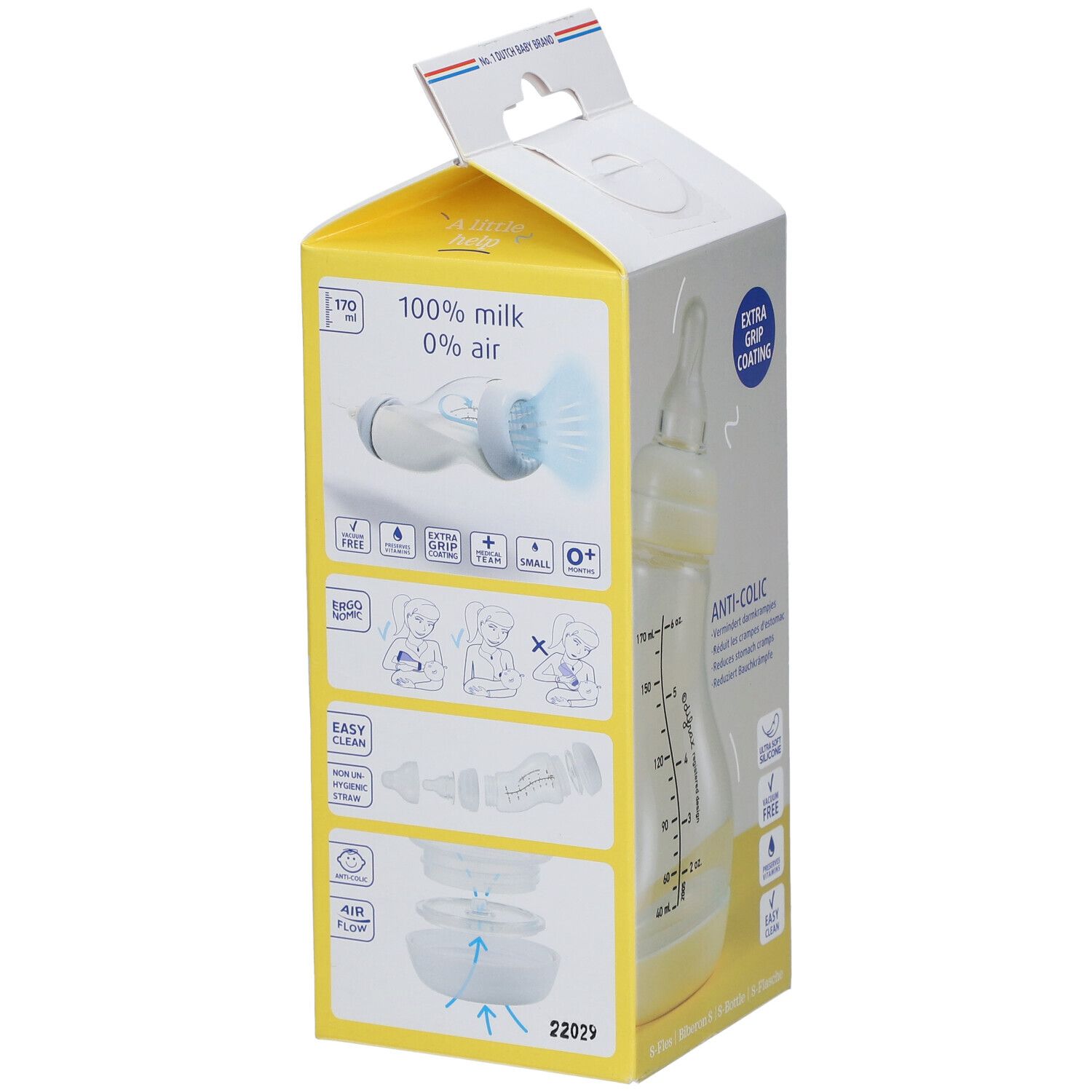 Verpackung mit Babyflasche. Aufschrift: 100% Milch, 0% Luft. Illustrationen. Siegel: Easy Clean, Extra Grip Coating. Produktnummer.