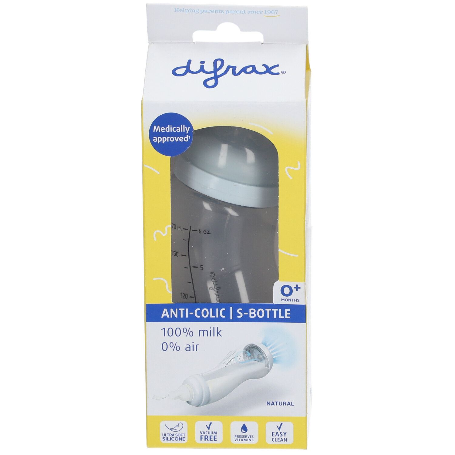 Verpackung mit Babyflasche. Aufschrift: Difrax, Anti-Colic S-Bottle, 100% Milch, 0% Luft. Siegel: Medically approved.