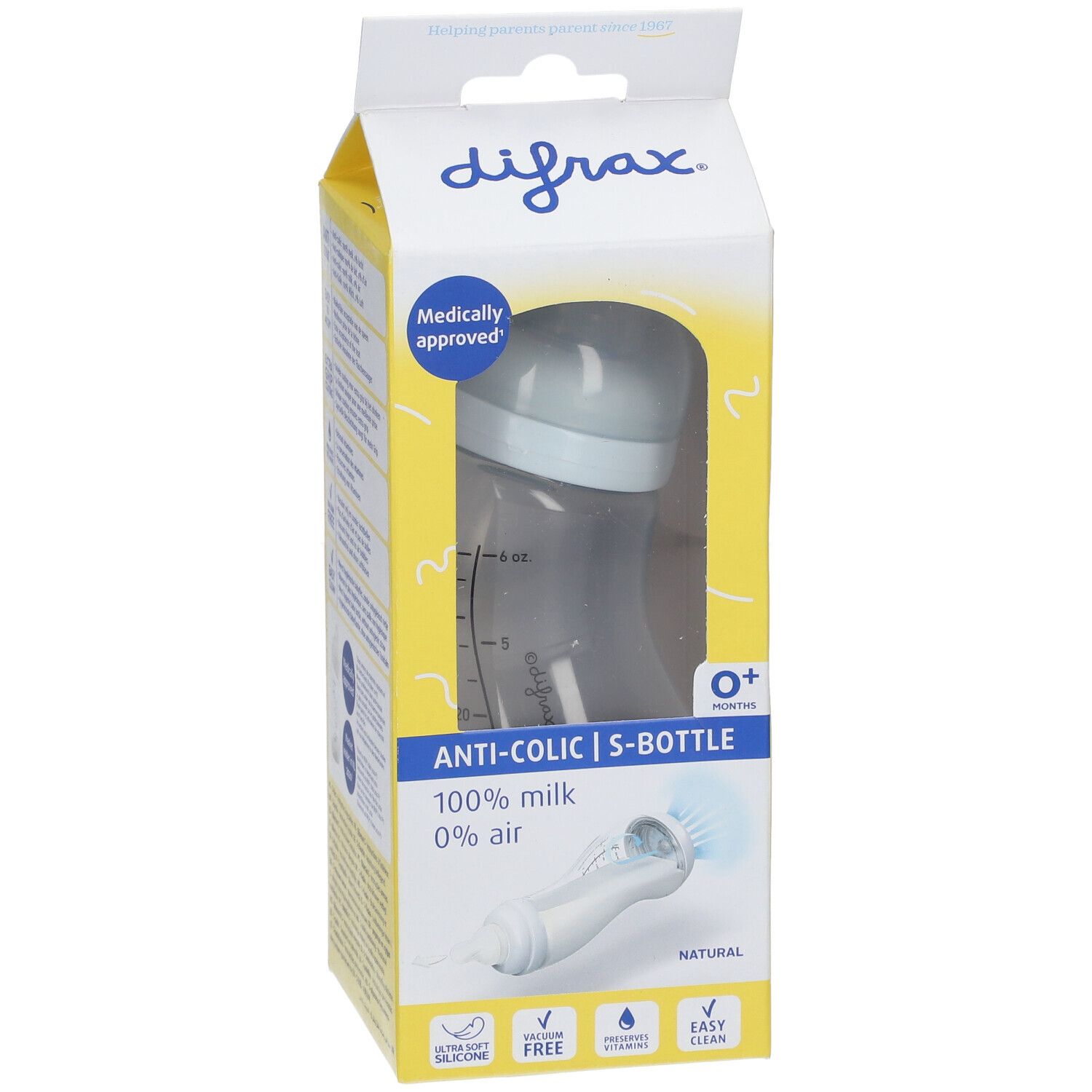 Verpackung mit Babyflasche. Aufschrift: Difrax, Anti-Colic S-Bottle, 100% Milch, 0% Luft. Siegel: Medically approved.