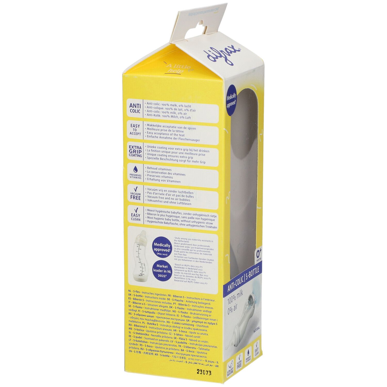 Rückseite der gelben Verpackung. Text: Anti-Kolik, Easy, Extra Coating, etc. Abbildung der Flasche. "Medically approved"-Siegel.