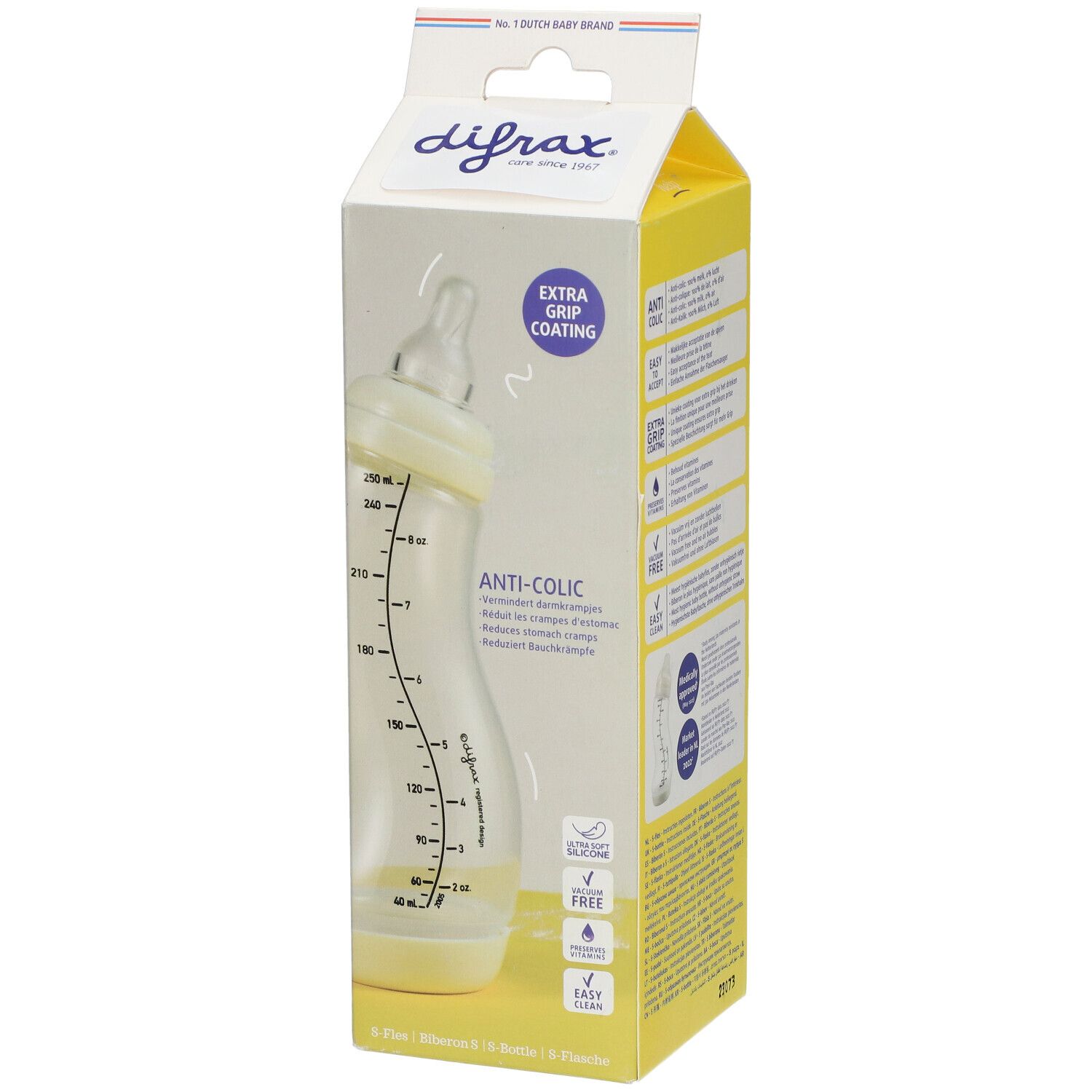 Gelbe Verpackung mit Babyflasche. Sichtbar: Flasche mit gelbem Oberteil, Messskala. Text: Anti-Kolik, Extra Grip Coating. Logo.