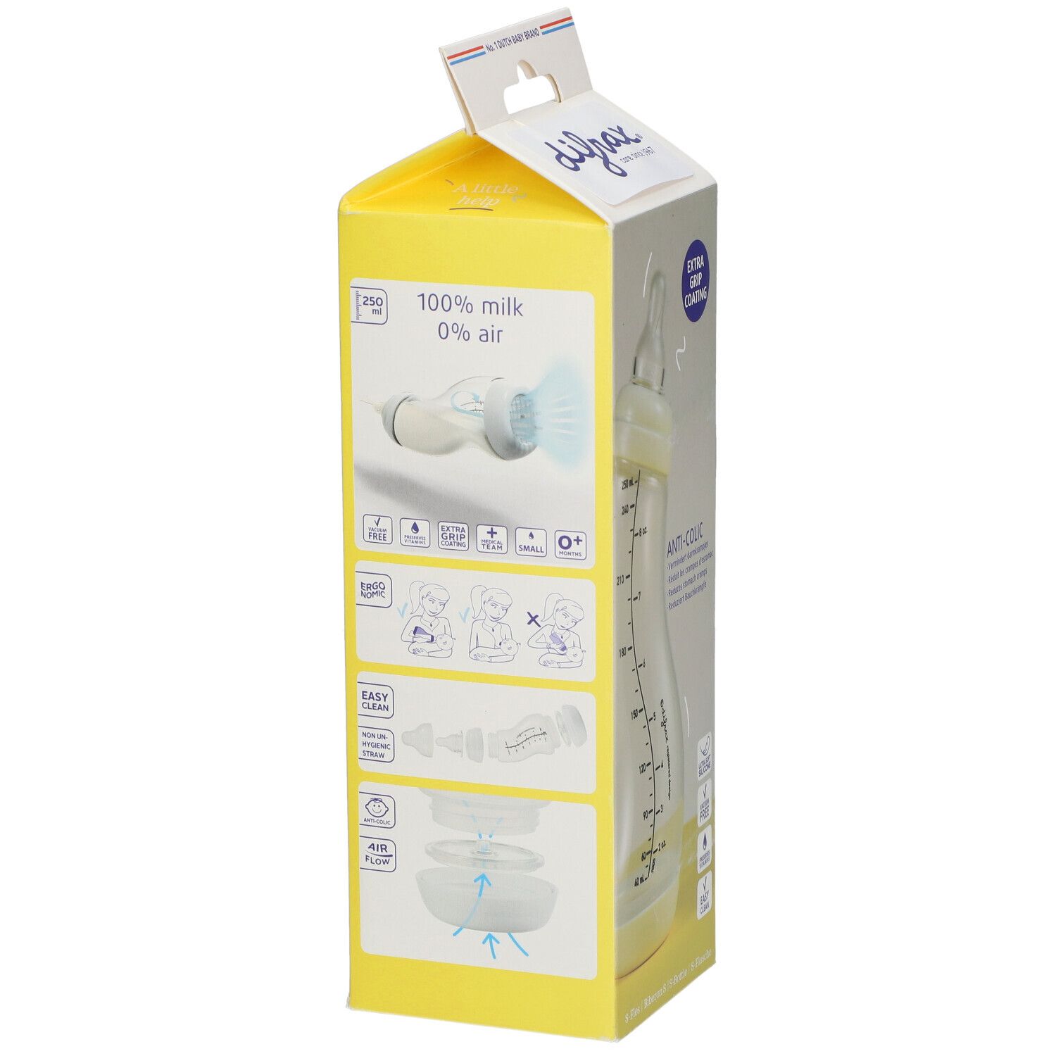 Gelbe Verpackung mit Babyflasche. Sichtbar: Flasche mit gelbem Oberteil, Messskala. Text: 100% Milch, 0% Luft. Illustrationen.