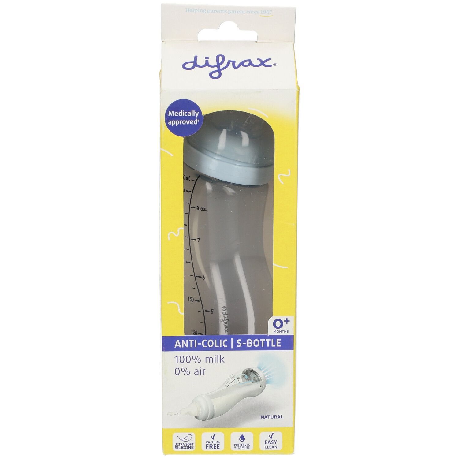 Gelbe Verpackung mit Babyflasche. Sichtbar: difrax® Anti-Kolik S-bottle, graues Oberteil, Messskala. "Medically approved"-Siegel.