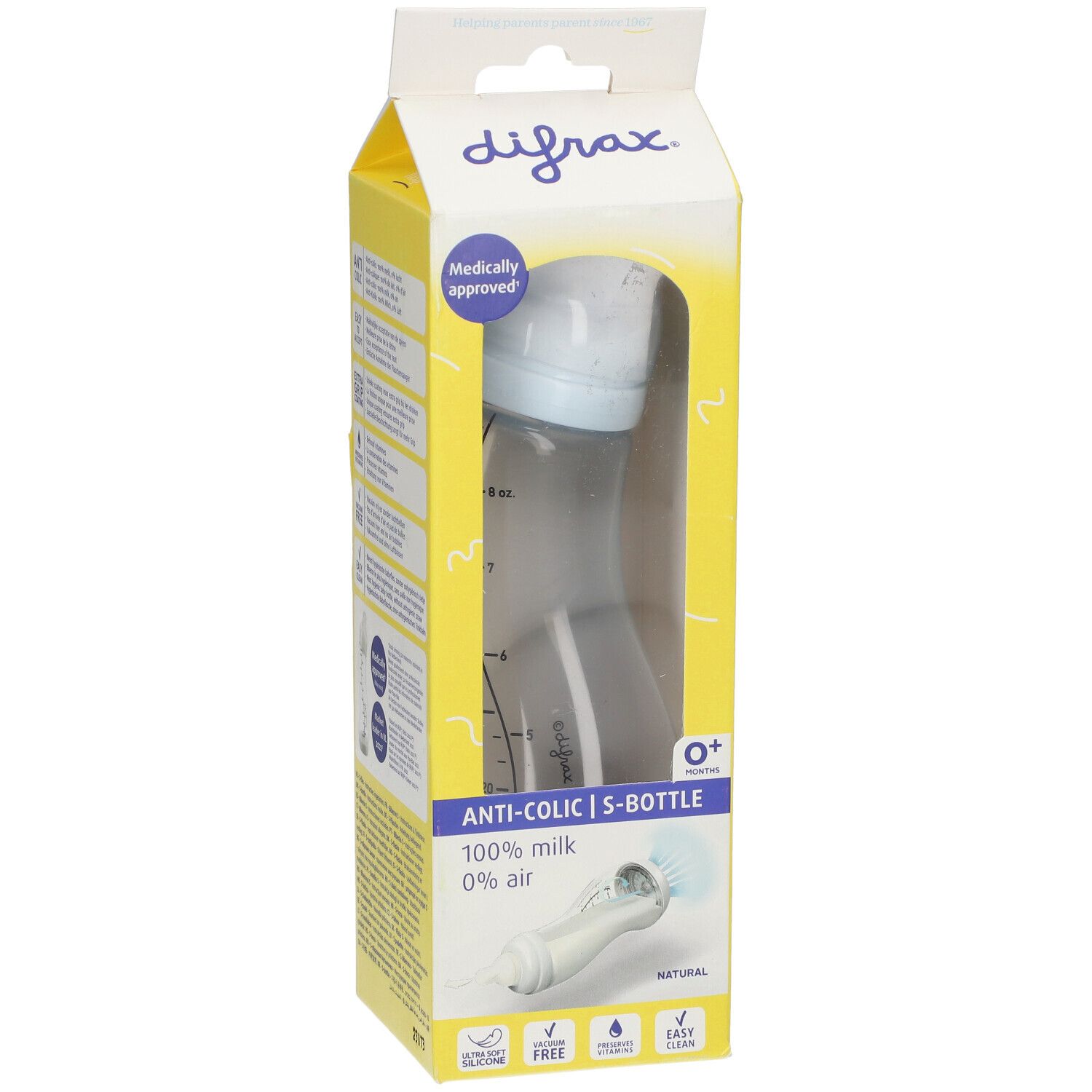 Gelbe Verpackung mit Babyflasche. Sichtbar: difrax® Anti-Kolik S-bottle, blaues Oberteil, Messskala. "Medically approved"-Siegel.