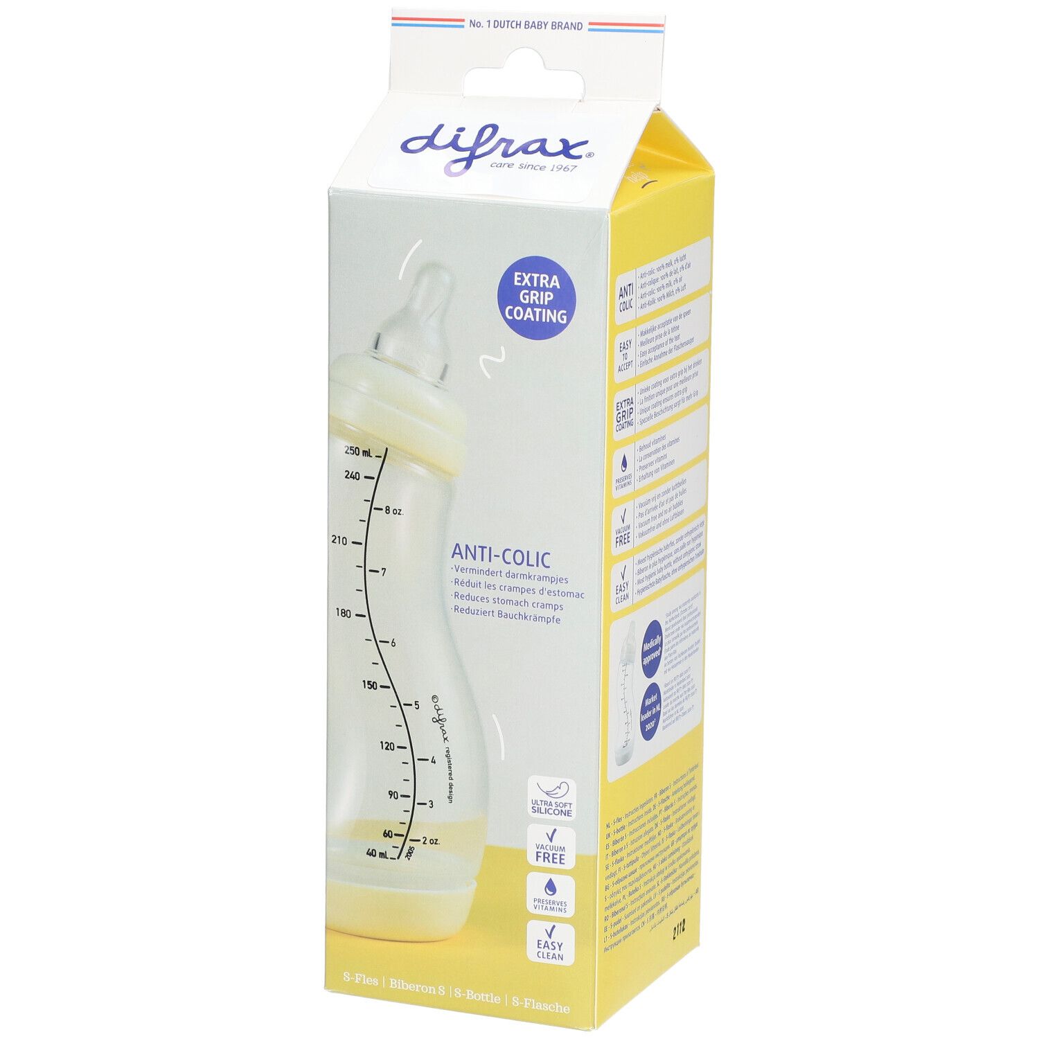 Babyfles in gele verpakking. Zichtbaar: transparante fles, maatschaal, tekst: Anti-koliek, 0+.