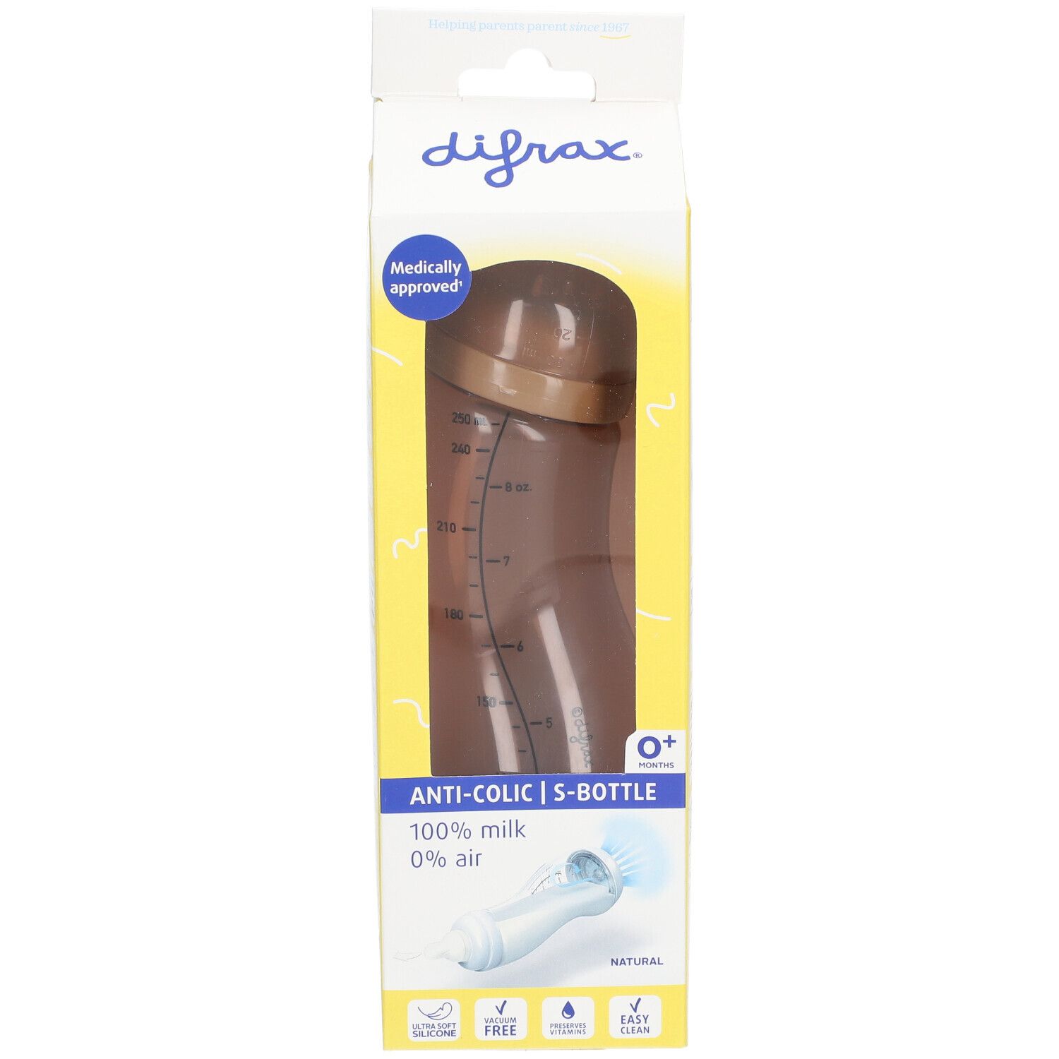 Babyfles in gele verpakking. Zichtbaar: bruine fles, tekst: Anti-koliek, 0+.