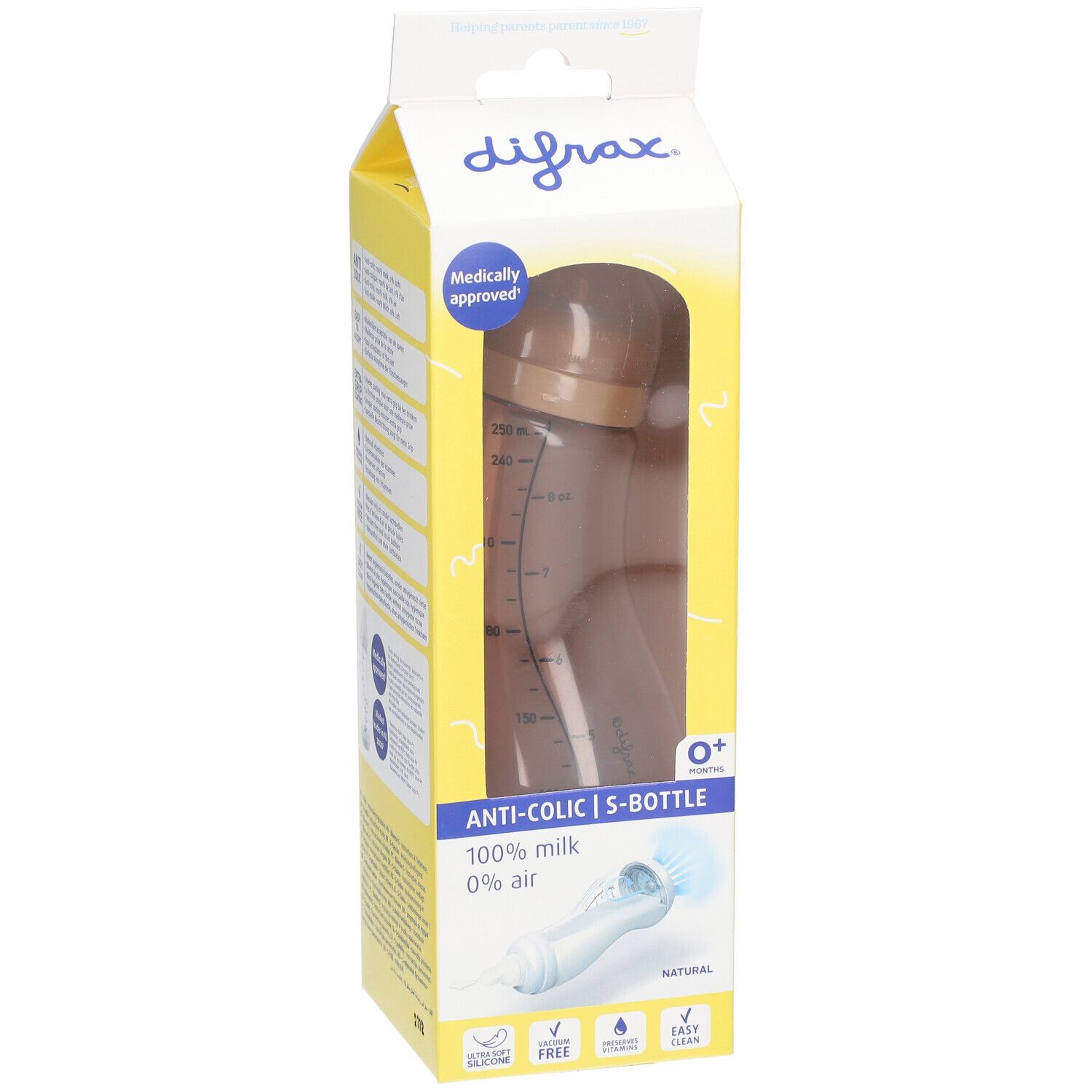 Babyfles in gele verpakking. Zichtbaar: bruine fles, tekst: Anti-koliek, 0+.