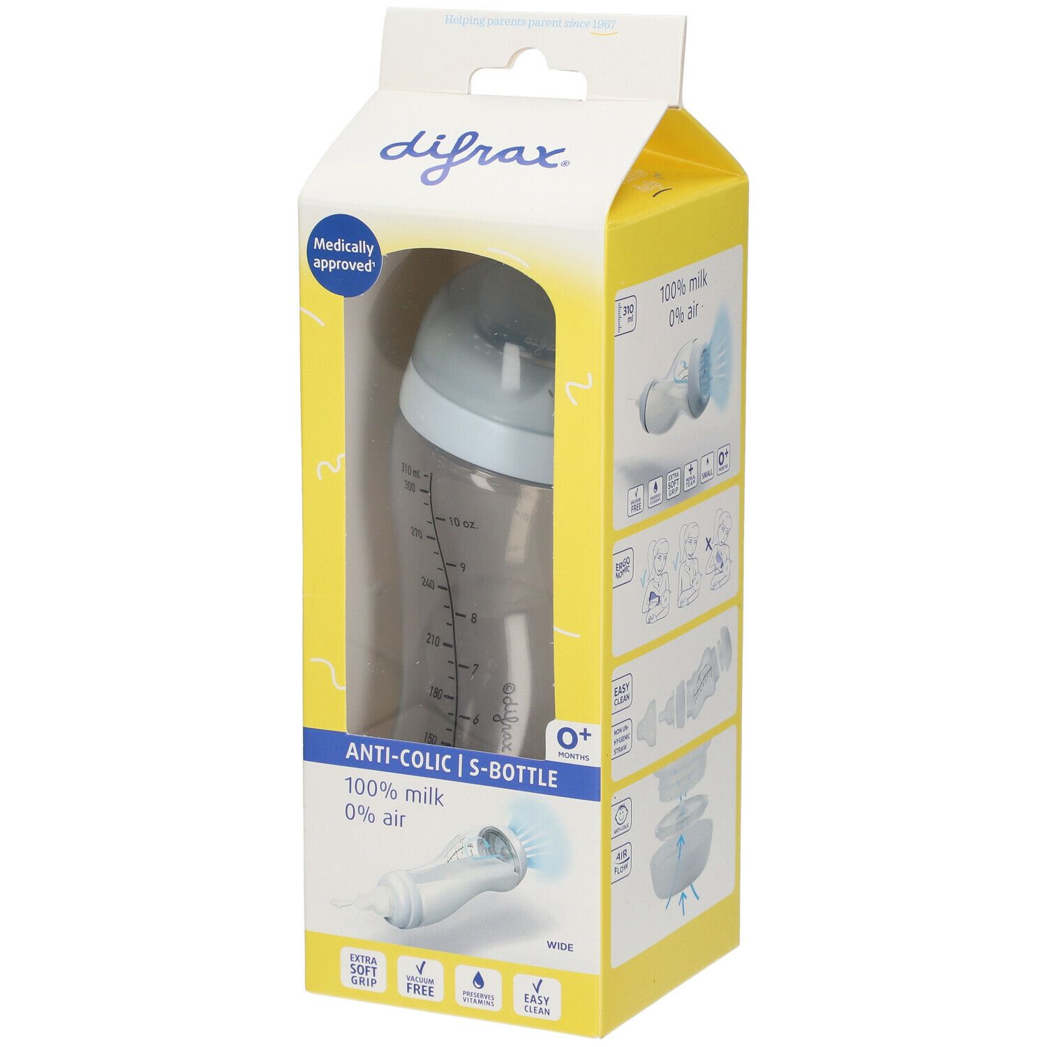 Verpackung mit Babyflasche. Sichtbar: Marke Difrax, S-Bottle, Anti-Kolik, 0 Monate+, 310 ml. Medizinisch zugelassen.