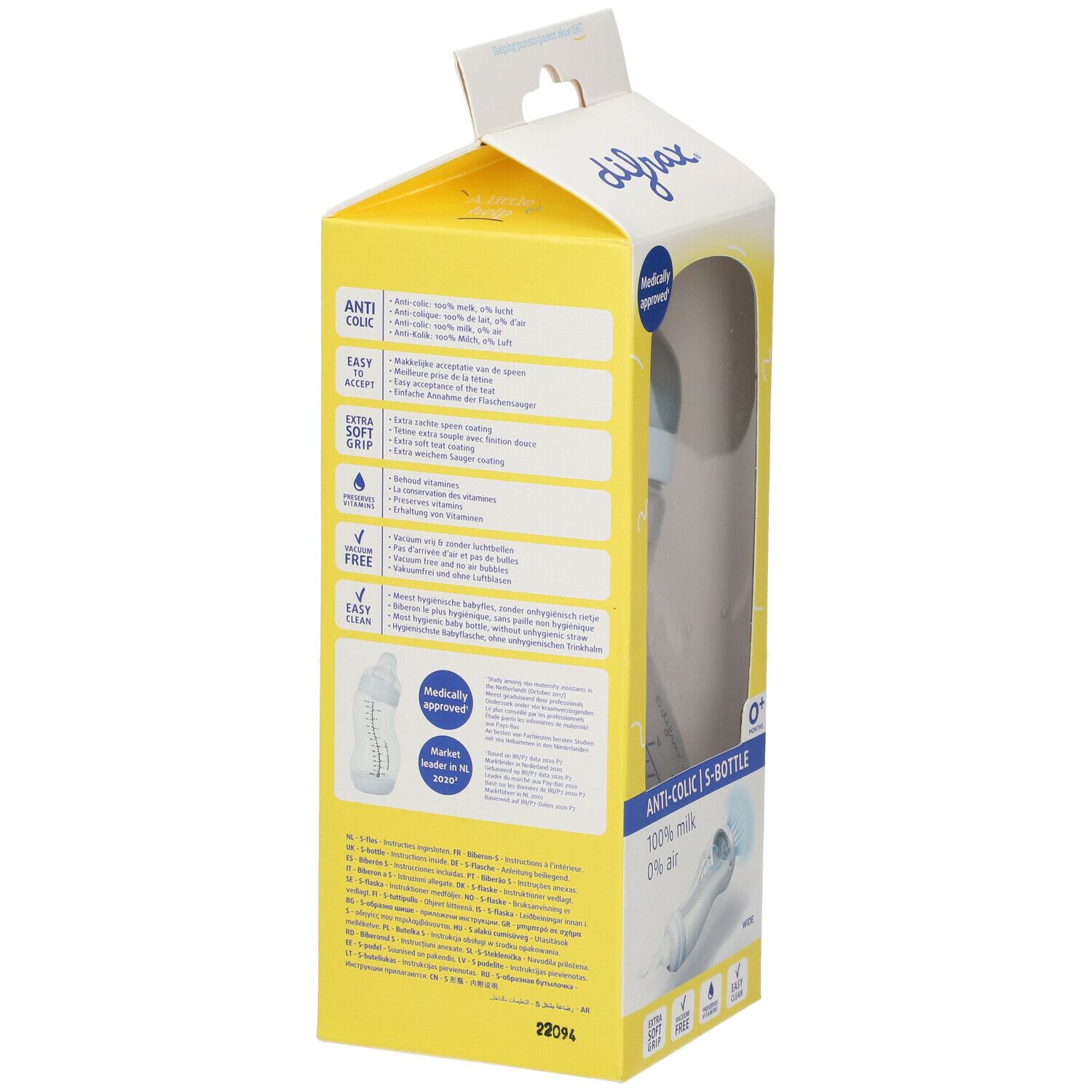 Rückseite der Verpackung mit Babyflasche. Marke Difrax, S-Bottle. Informationen zu Anti-Kolik, einfache Reinigung, etc. Medizinisch zugelassen.