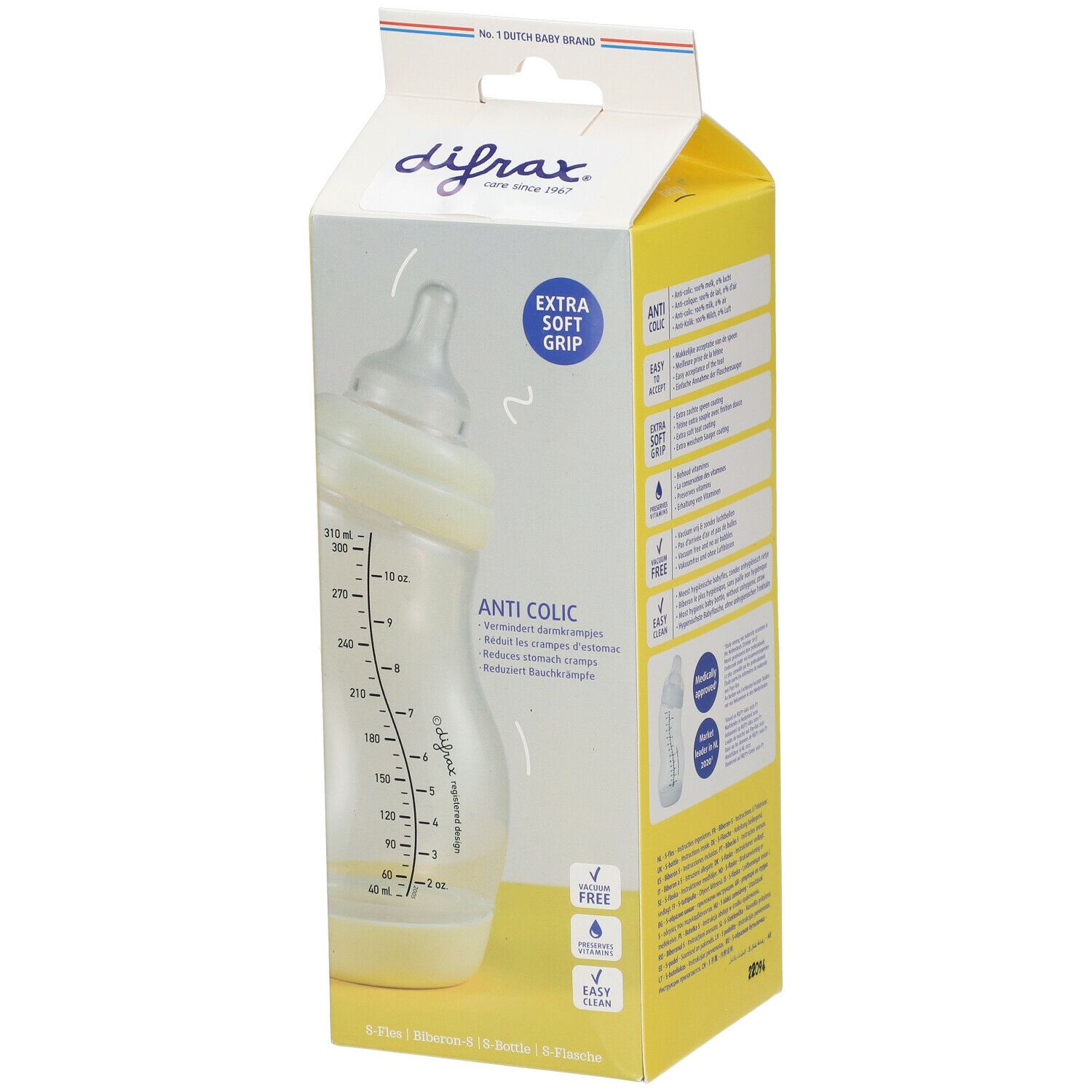 Babyflasche in Verpackung. Marke Difrax, S-Bottle, Anti-Kolik. Flasche mit Messskala. Extra Soft Grip.