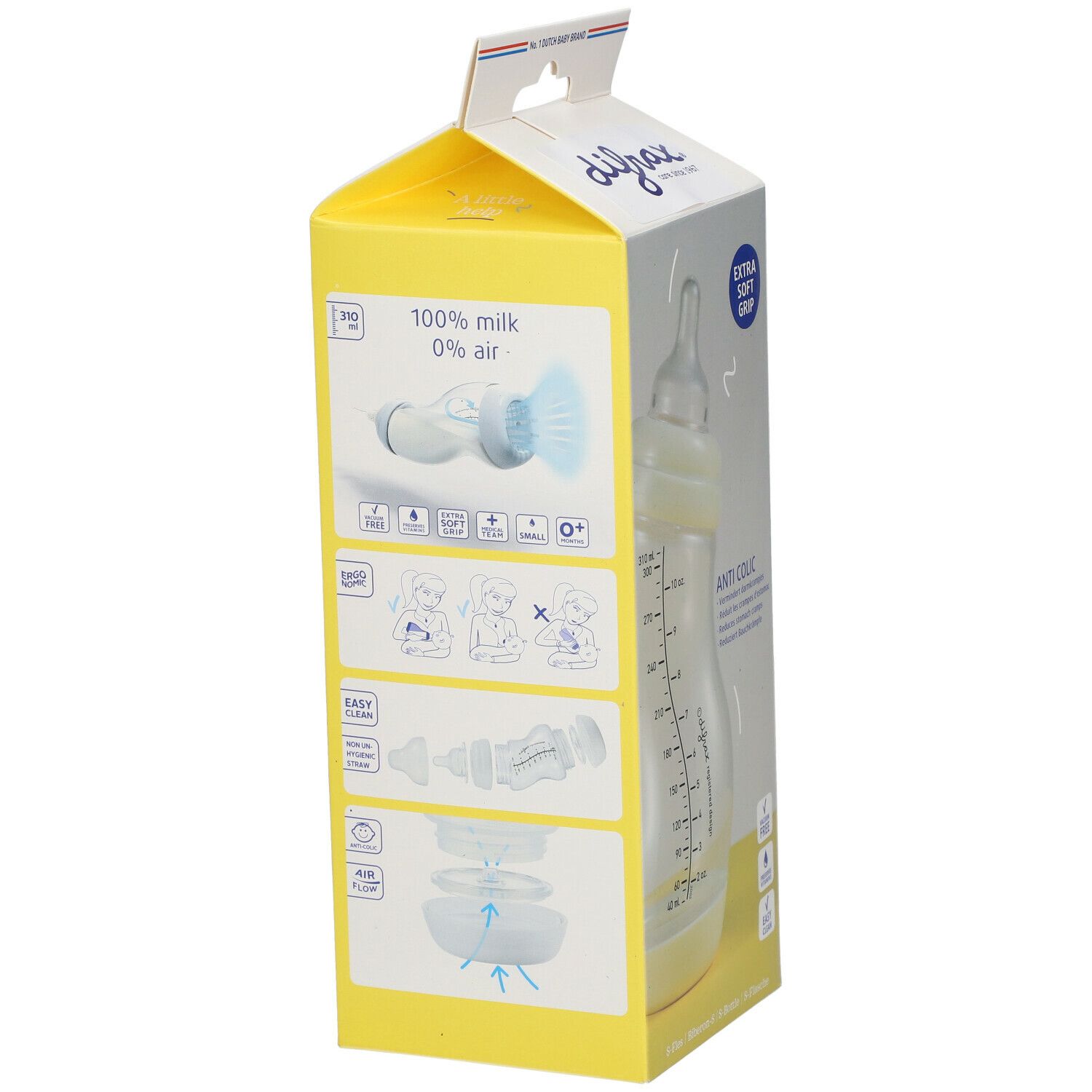 Rückseite der Verpackung mit Babyflasche. Marke Difrax, S-Bottle. Informationen zu Anti-Kolik, einfache Reinigung, etc.
