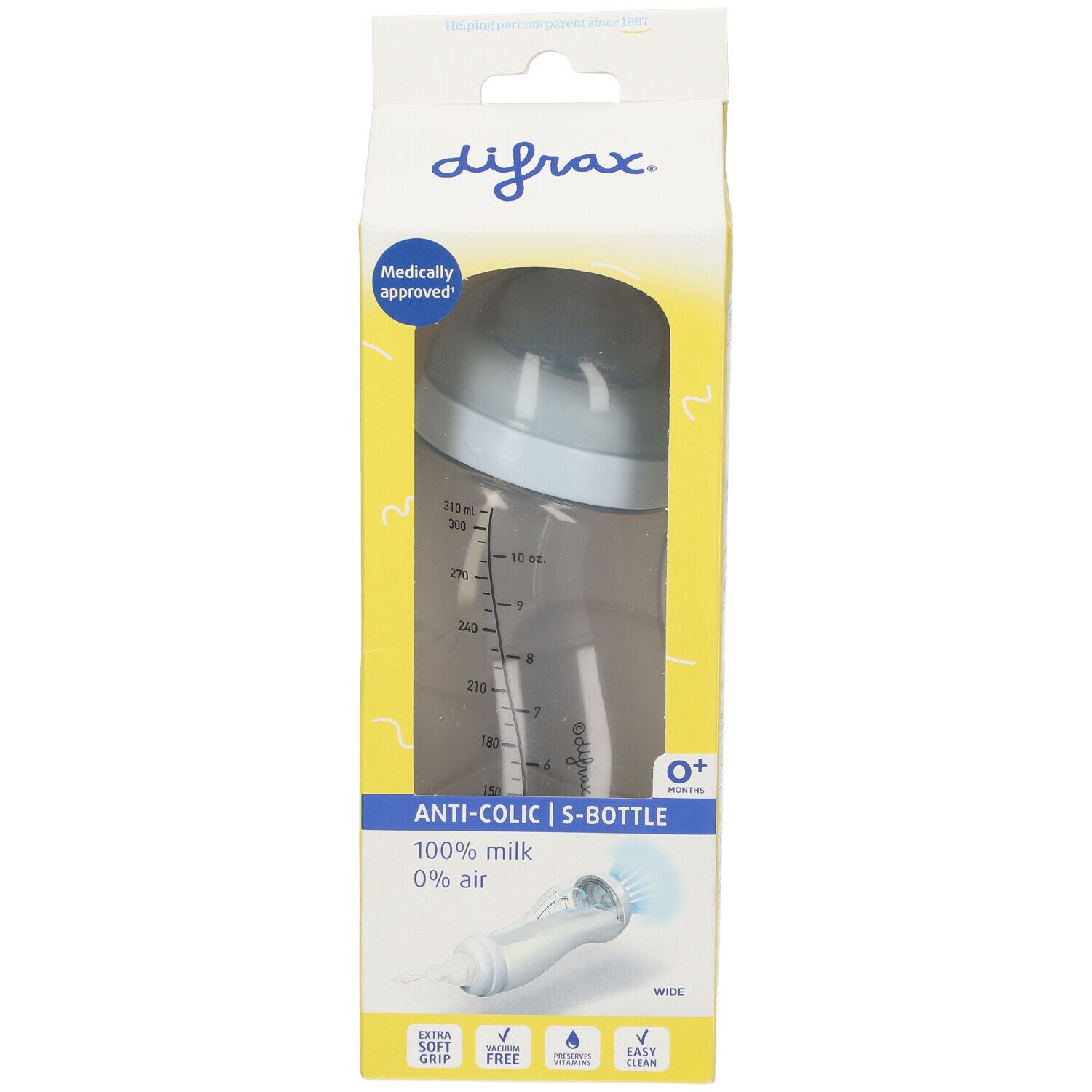 Verpackung mit Babyflasche. Marke Difrax, S-Bottle, Anti-Kolik, 0 Monate+. Medizinisch zugelassen. 100% Milch, 0% Luft.