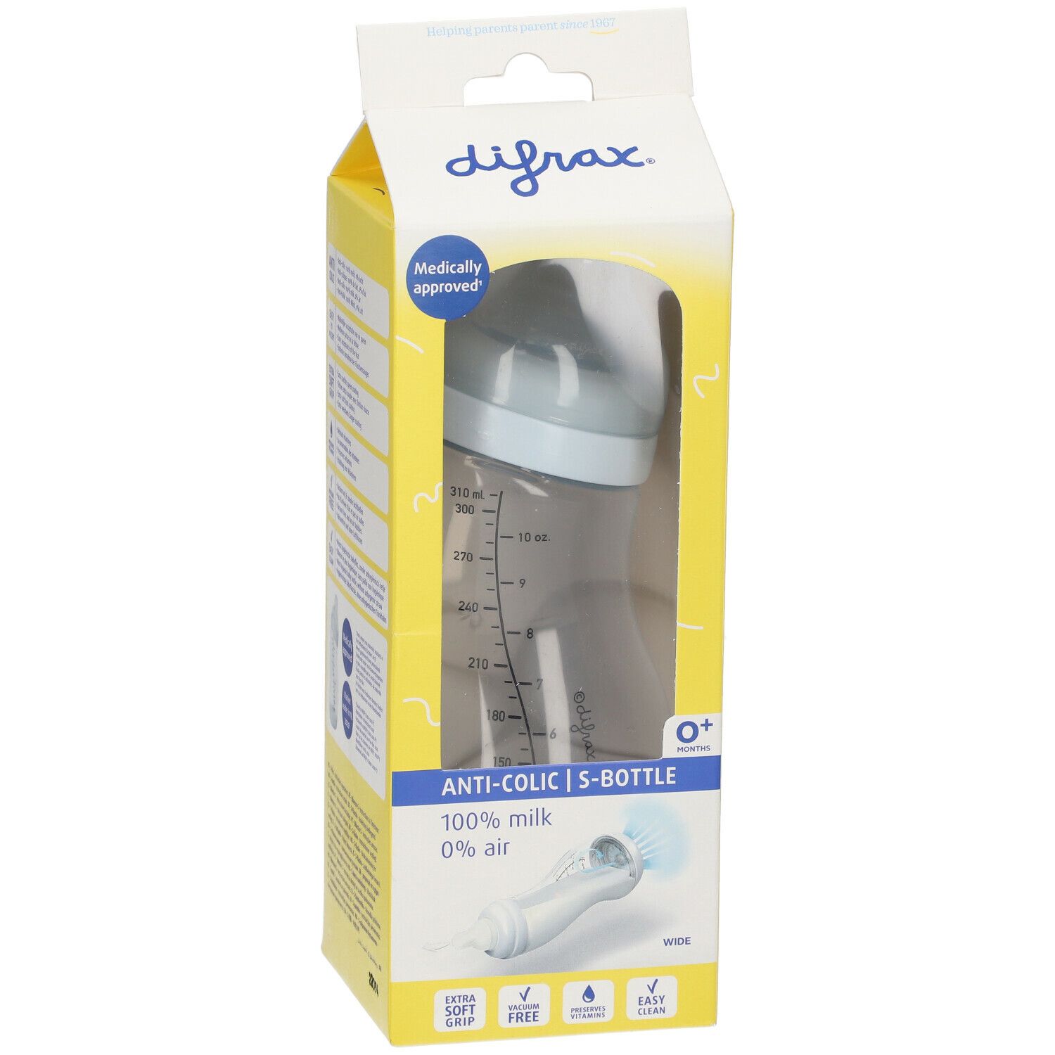 Verpackung mit Babyflasche. Marke Difrax, S-Bottle, Anti-Kolik, 0 Monate+. Medizinisch zugelassen. 100% Milch, 0% Luft.