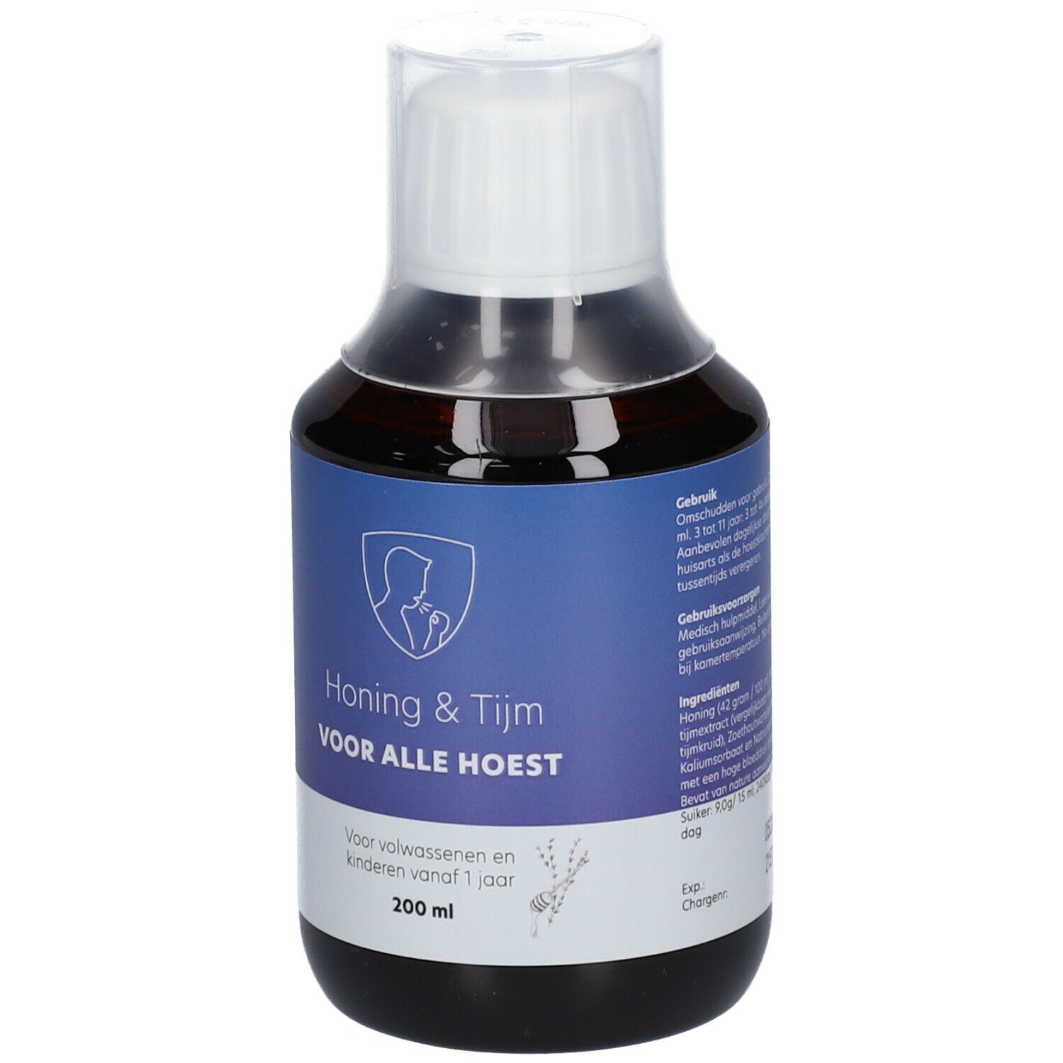 Bruine vloeistof in fles met witte dop. Blauw etiket met tekst: Honing & Tijm, Voor alle hoest.