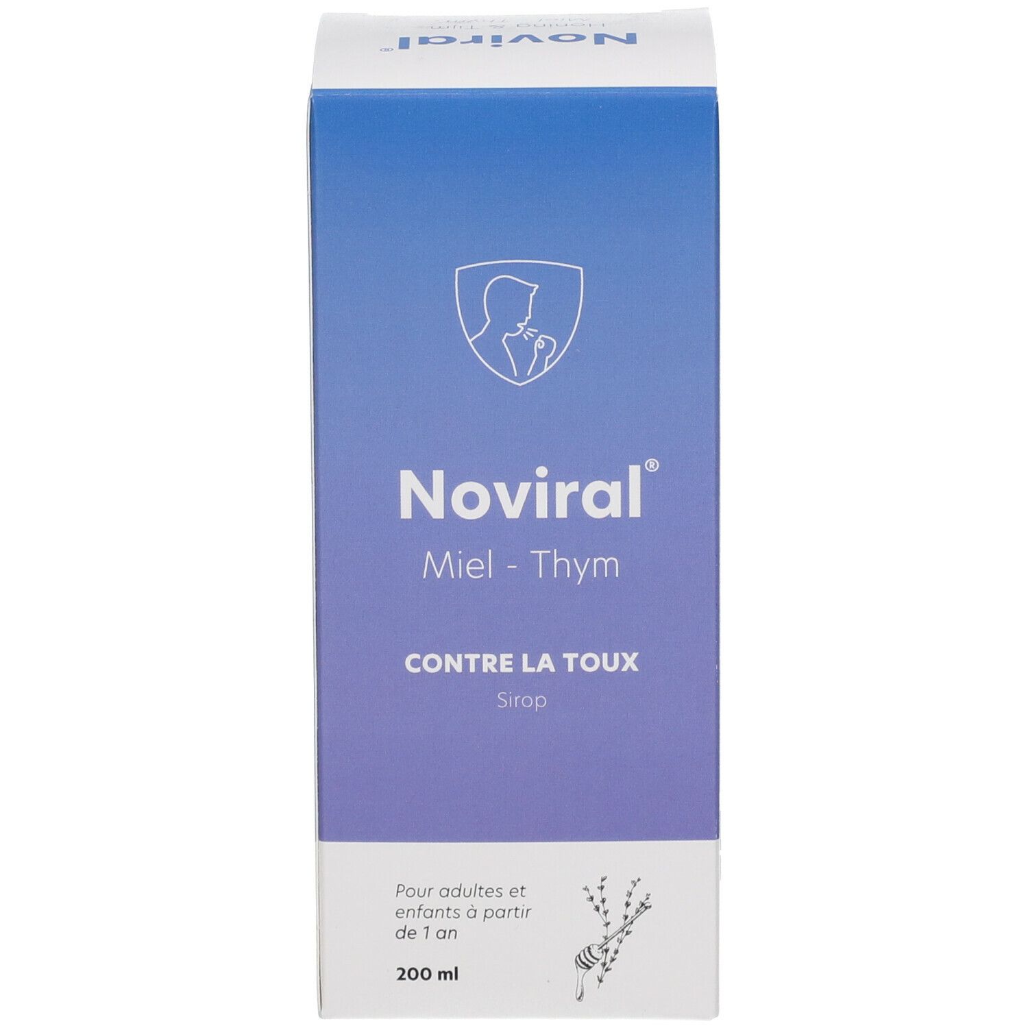 Kartonnen verpakking met blauwe achtergrond. Tekst: Noviral, Miel-Thym, Contre la toux, Sirop. Voor volwassenen en kinderen vanaf 1 jaar.