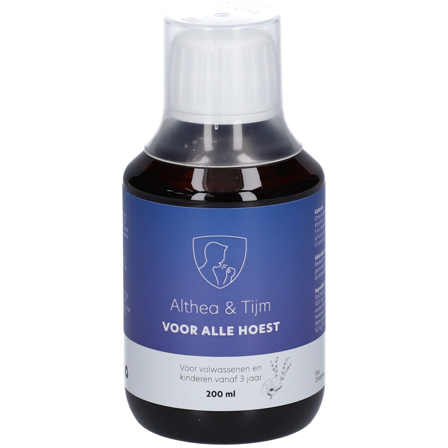 Bruine fles met witte dop. Opschrift: Althea & Tijm VOOR ALLE HOEST. Blauwe etiketten. 200 ml.