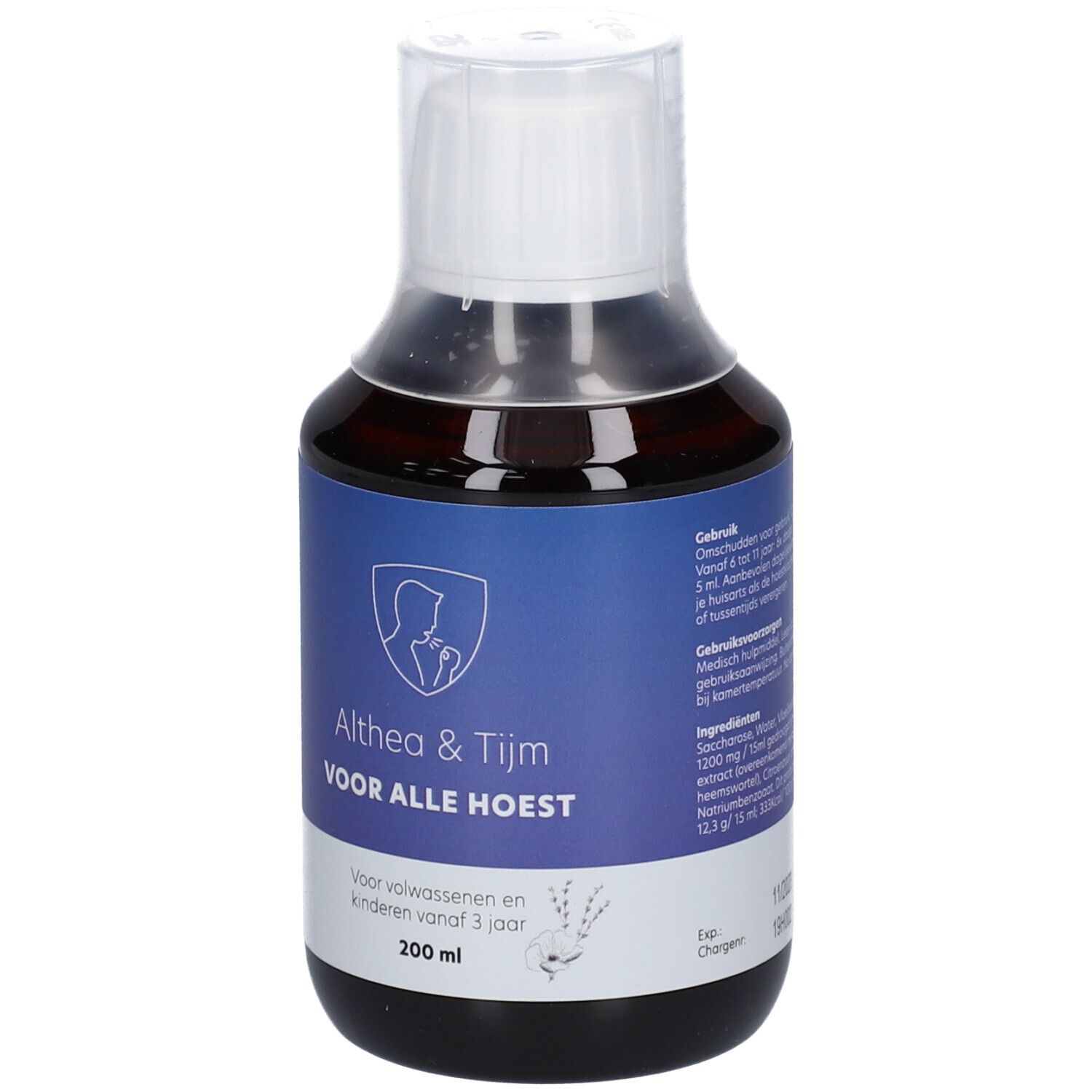 Bruine fles met witte dop. Opschrift: Althea & Tijm VOOR ALLE HOEST. Blauwe etiketten. 200 ml.