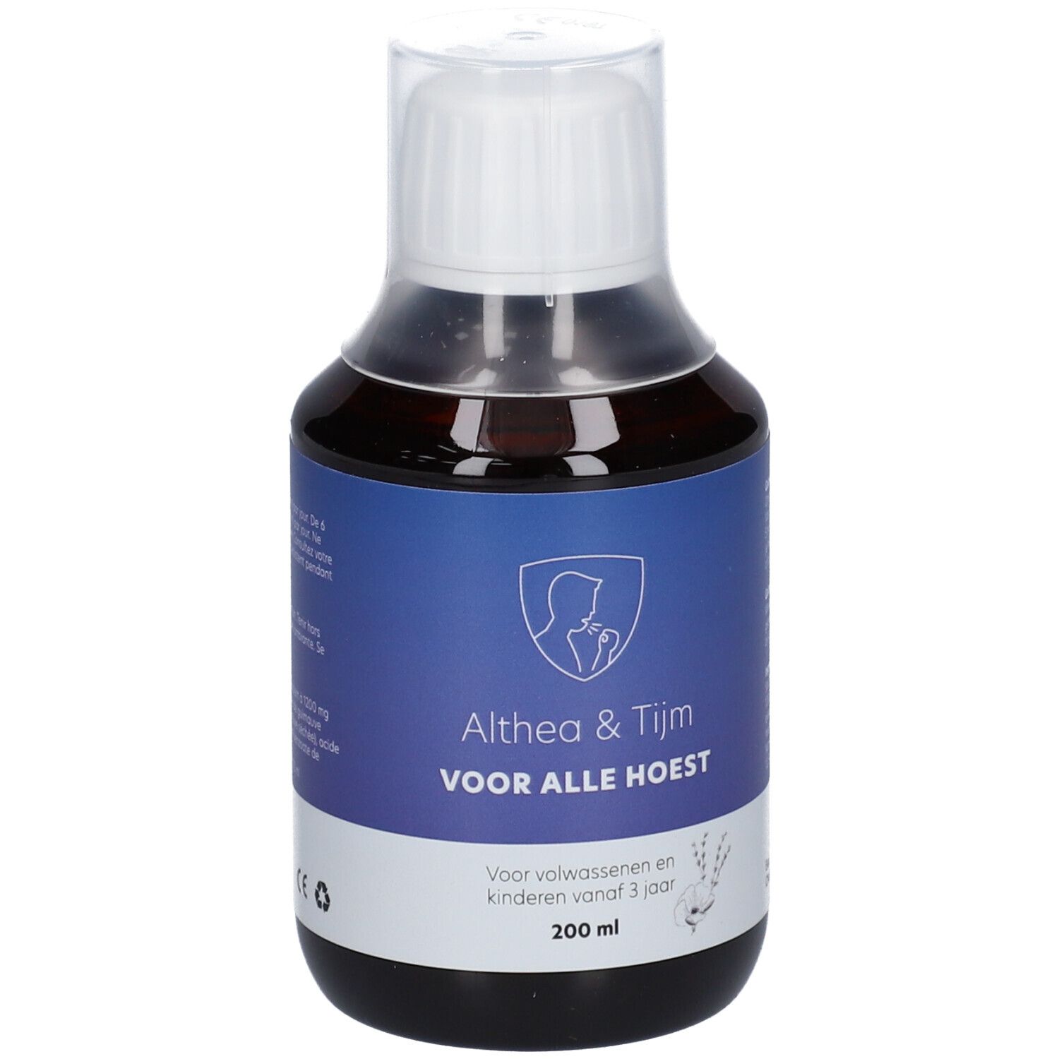 Bruine fles met witte dop. Opschrift: Althea & Tijm VOOR ALLE HOEST. Blauwe etiketten. 200 ml.