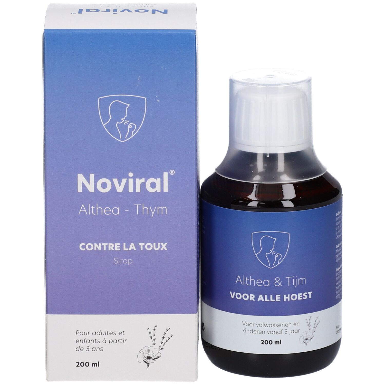 Verpakking en fles. Opschrift: Noviral, Althea-Thym, Contre la toux. Fles: Althea & Tijm, 200 ml.