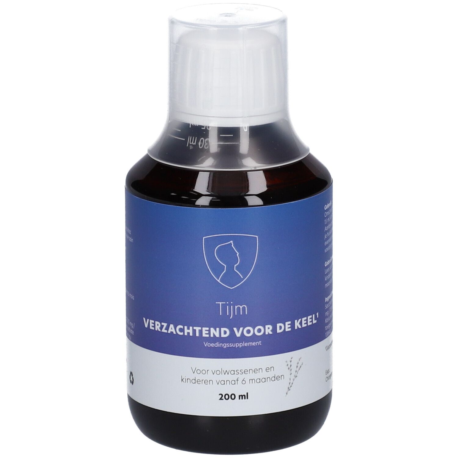 Bruine vloeistof in fles met witte dop. Blauw etiket met tekst: Tijm, Verzachtend voor de keel. 200 ml.