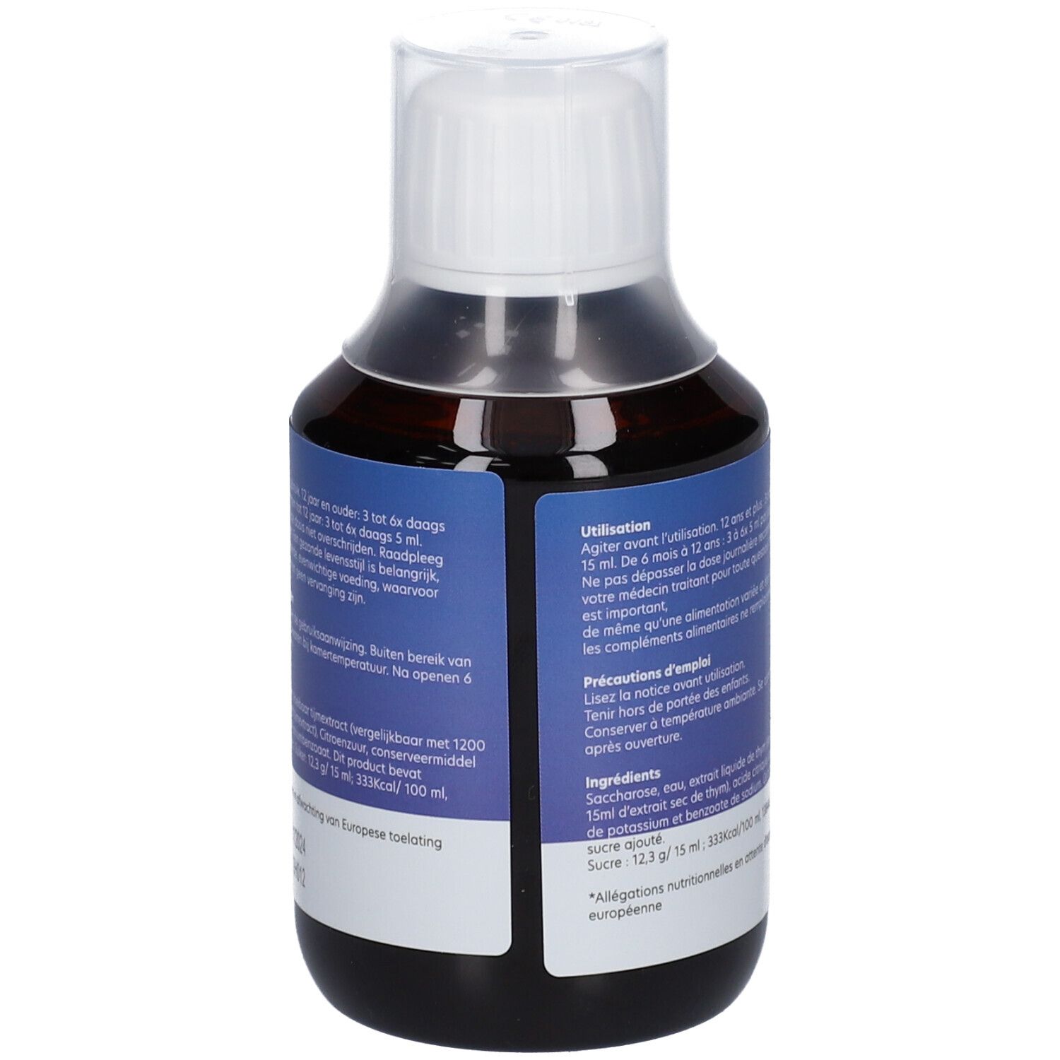 Achterkant van een fles bruine vloeistof. Blauw etiket met tekst. Bevat informatie over gebruik en ingrediënten.
