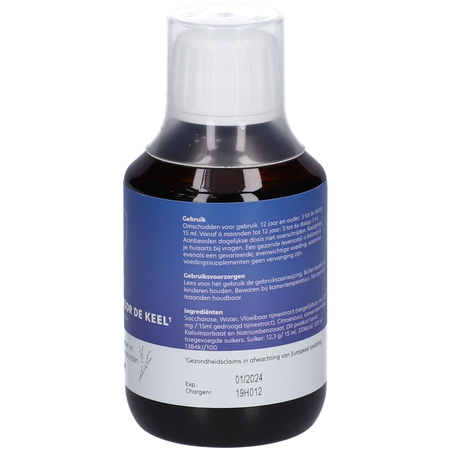 Achterkant van een fles bruine vloeistof. Blauw etiket met tekst. Bevat informatie over gebruik en ingrediënten.