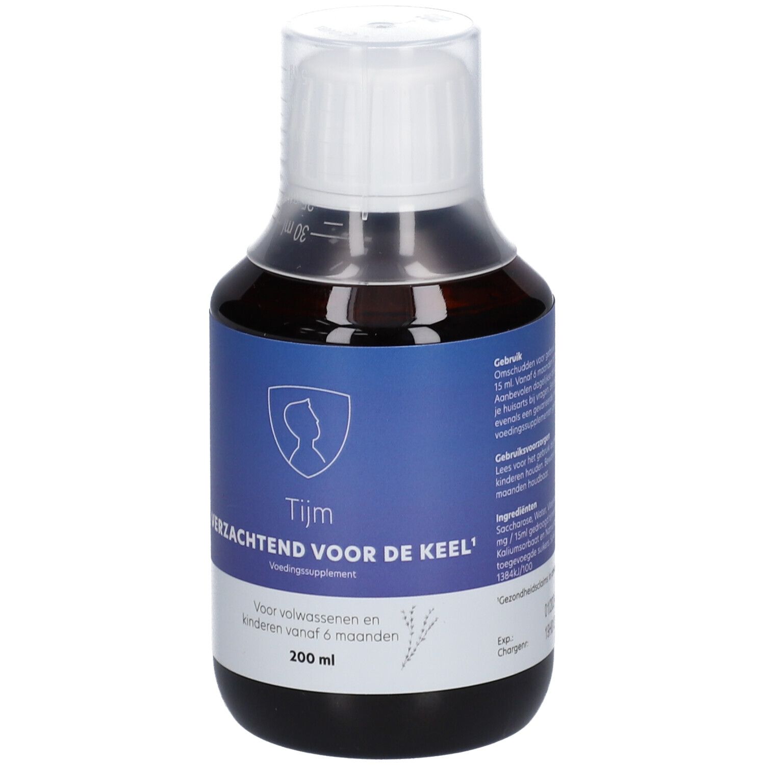 Bruine vloeistof in fles met witte dop. Blauw etiket met tekst: Tijm, Verzachtend voor de keel. 200 ml.