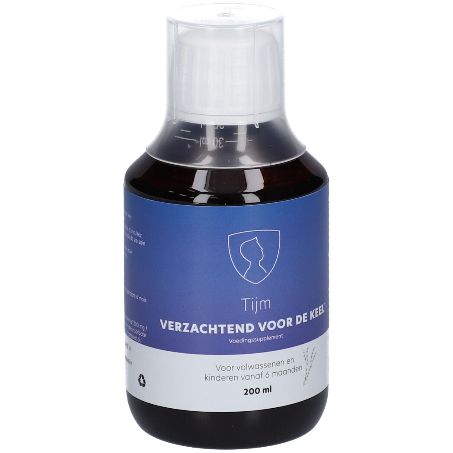 Bruine vloeistof in fles met witte dop. Blauw etiket met tekst: Tijm, Verzachtend voor de keel. 200 ml.