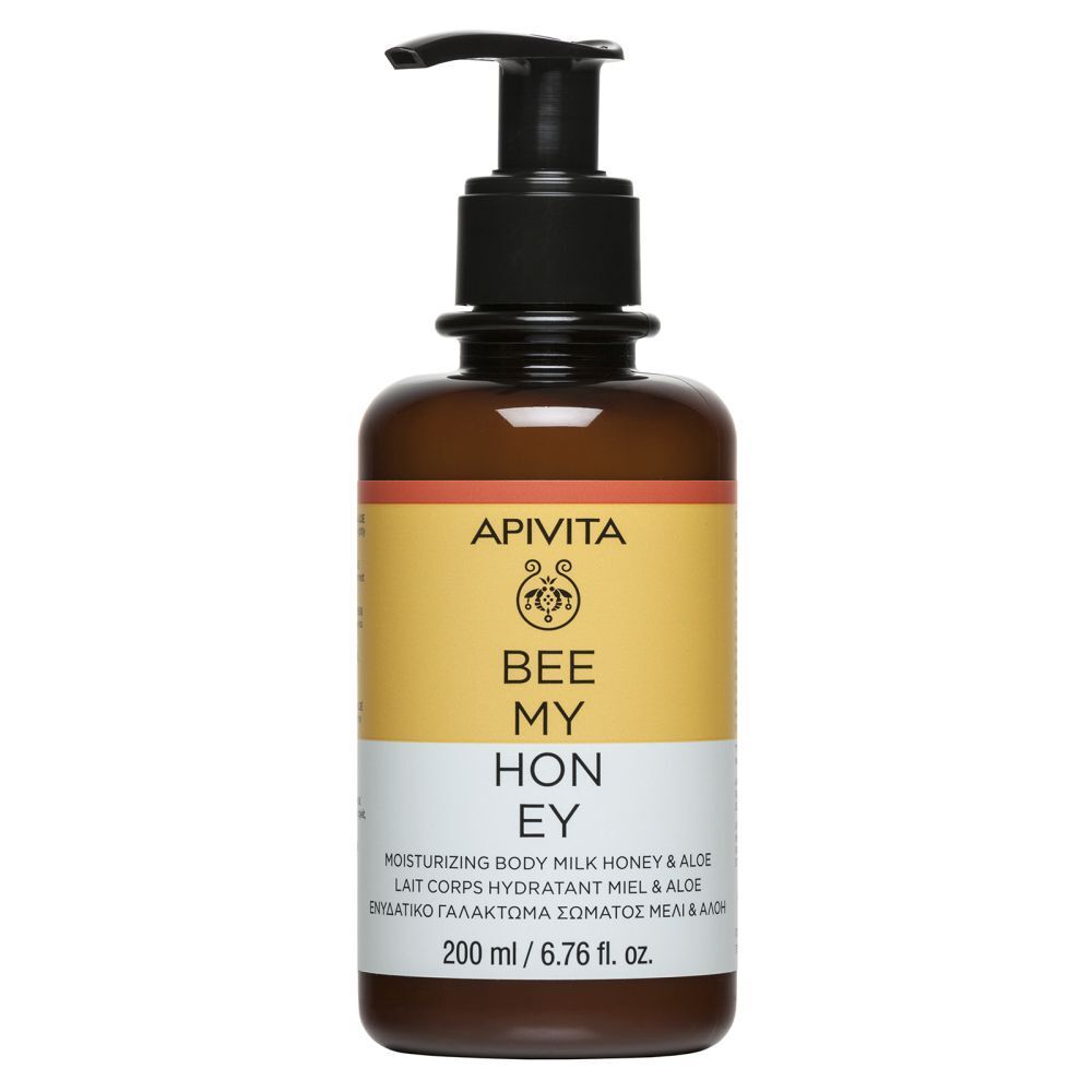 Bruine fles met zwarte pomp. Etiket met "APIVITA BEE MY HONEY". 