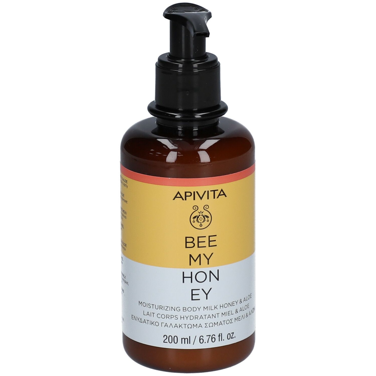 Braune Flasche mit schwarzem Pumpkopf. Aufkleber mit "APIVITA BEE MY HONEY".