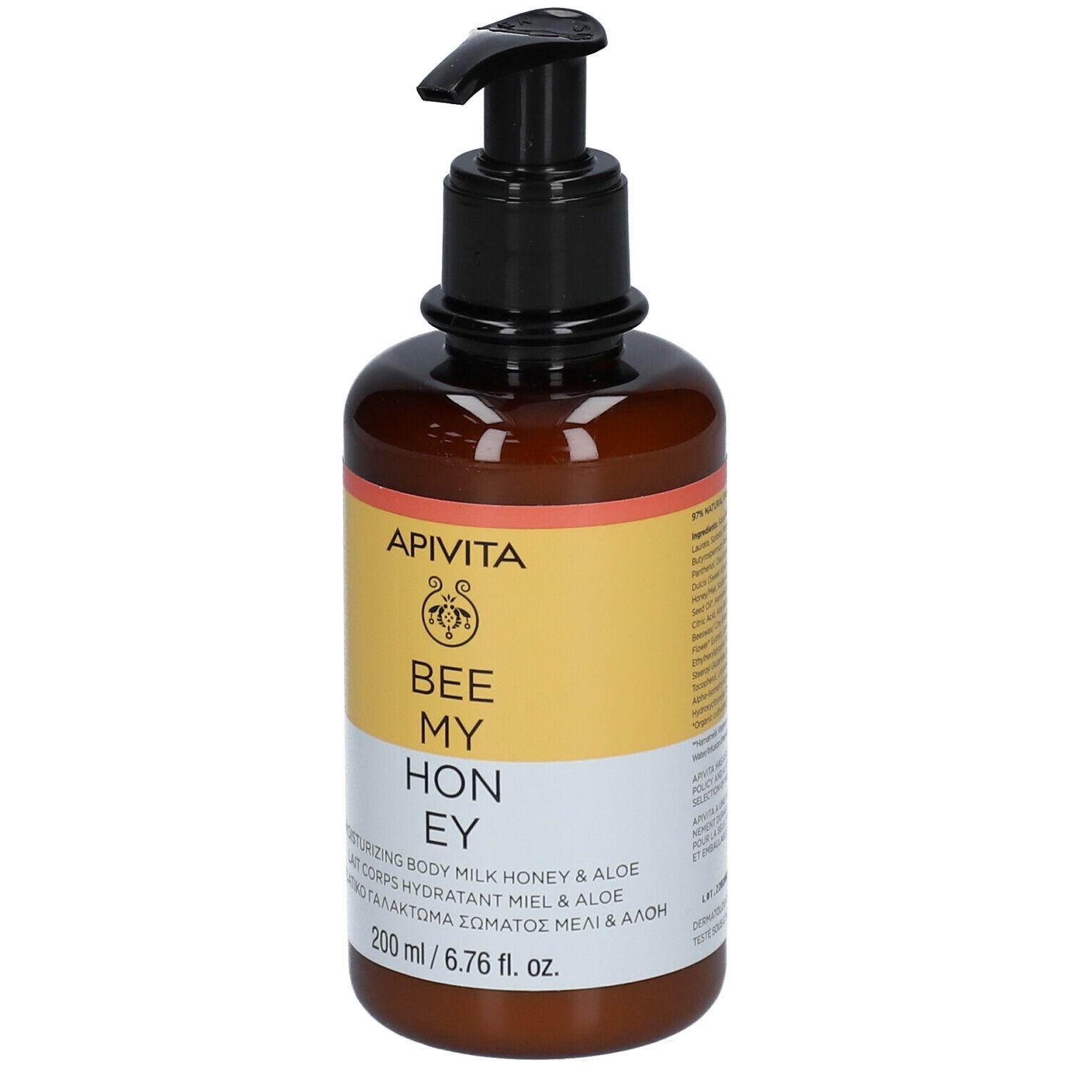 Braune Flasche mit schwarzem Pumpkopf. Aufkleber mit "APIVITA BEE MY HONEY".